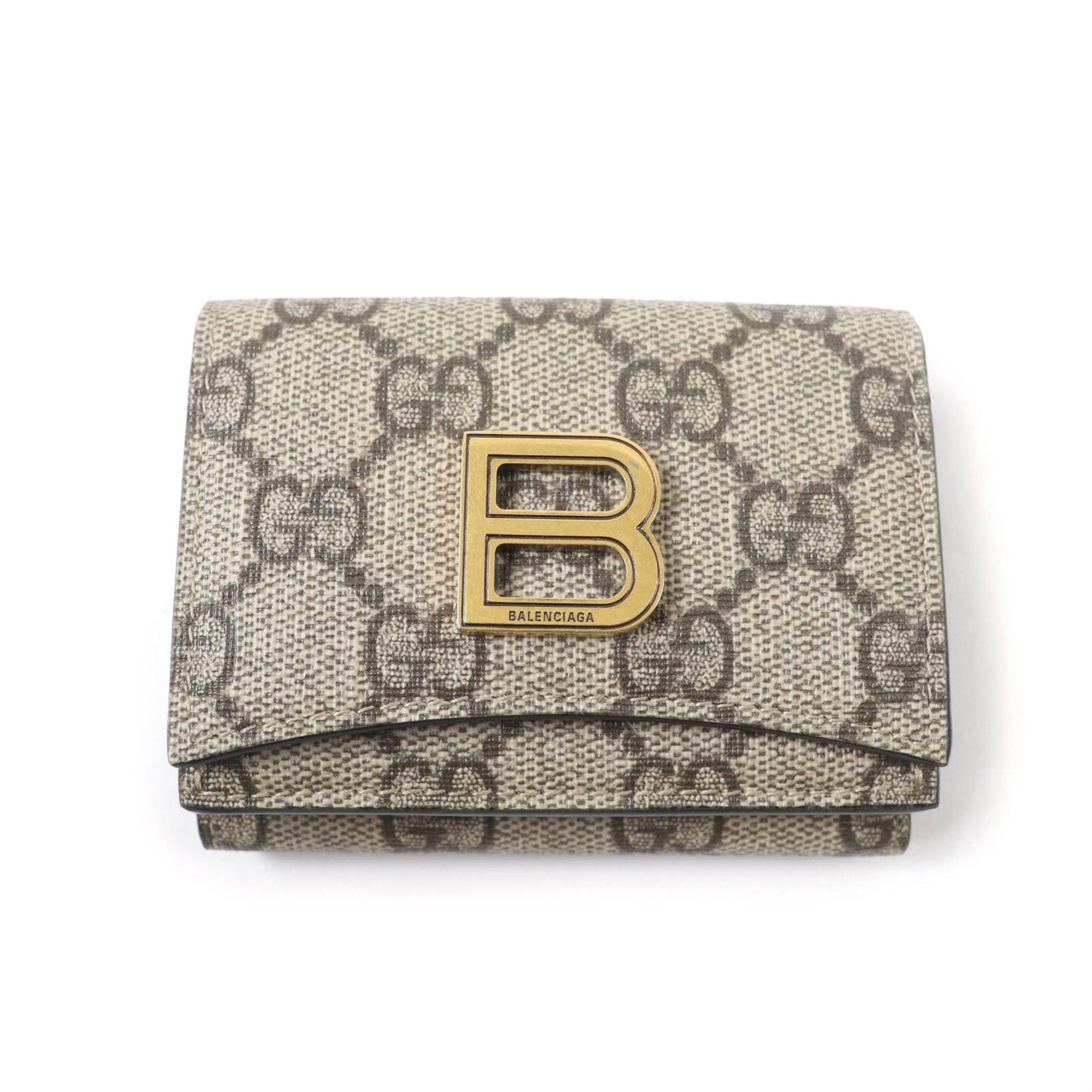 GUCCI x BALENCIAGA The Hacker Project logo plaque GG Supreme canvas tri-fold wallet in beige and brown, made Italy.