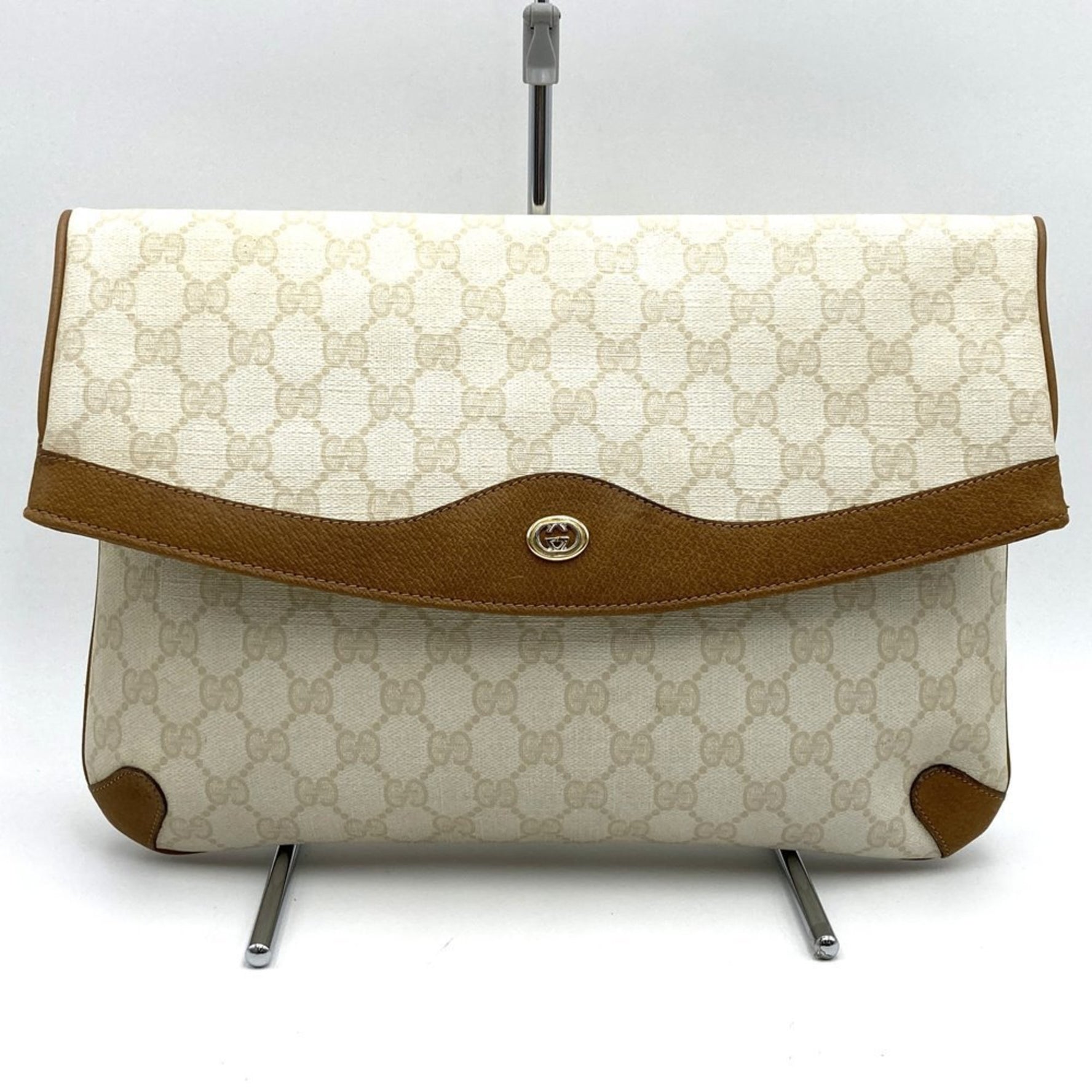 GUCCI 89 02 075 Clutch Bag GG Supreme Canvas White Brown Men's