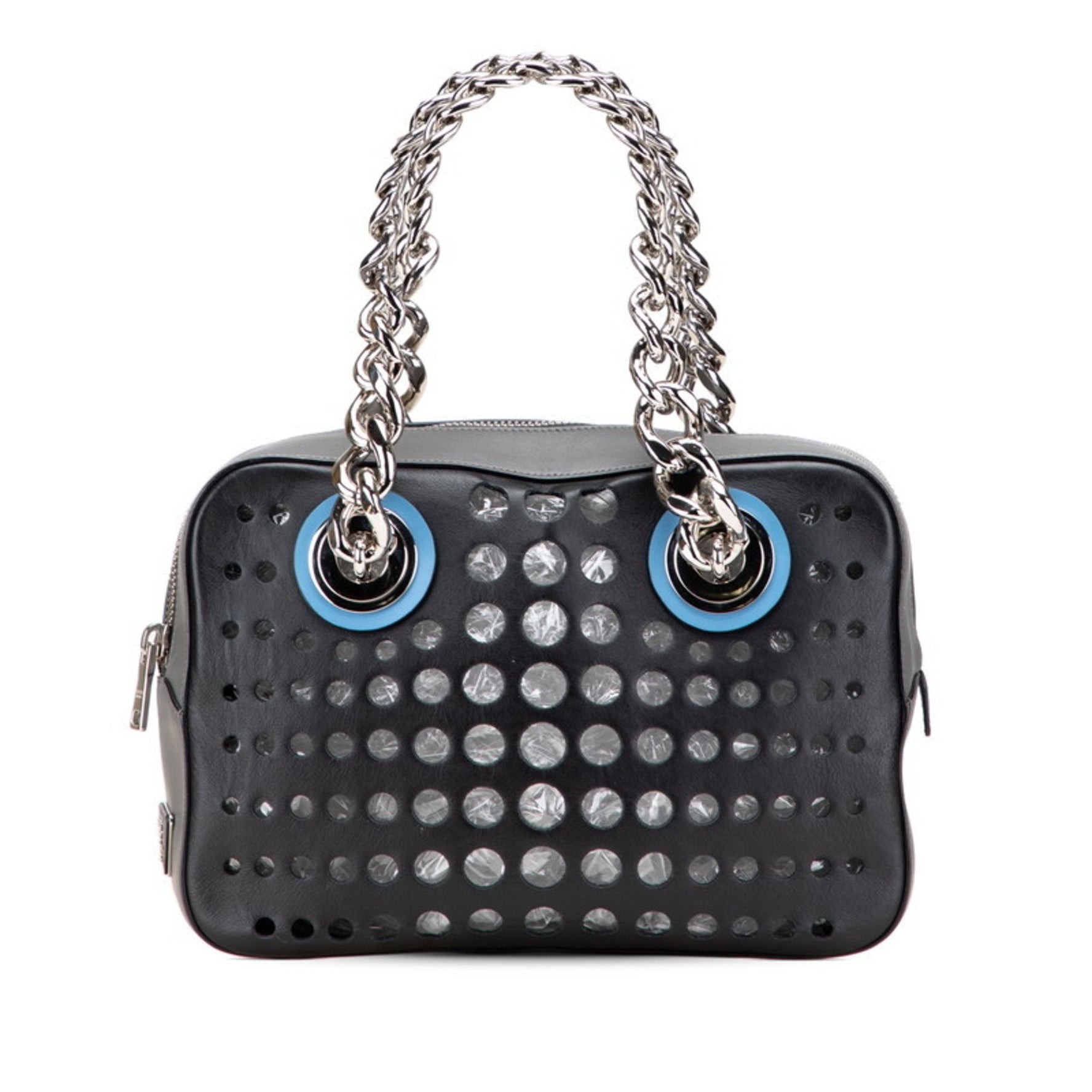 Prada Triangle Logo Plate Punching Chain Tote Bag Handbag Black Gray Leather