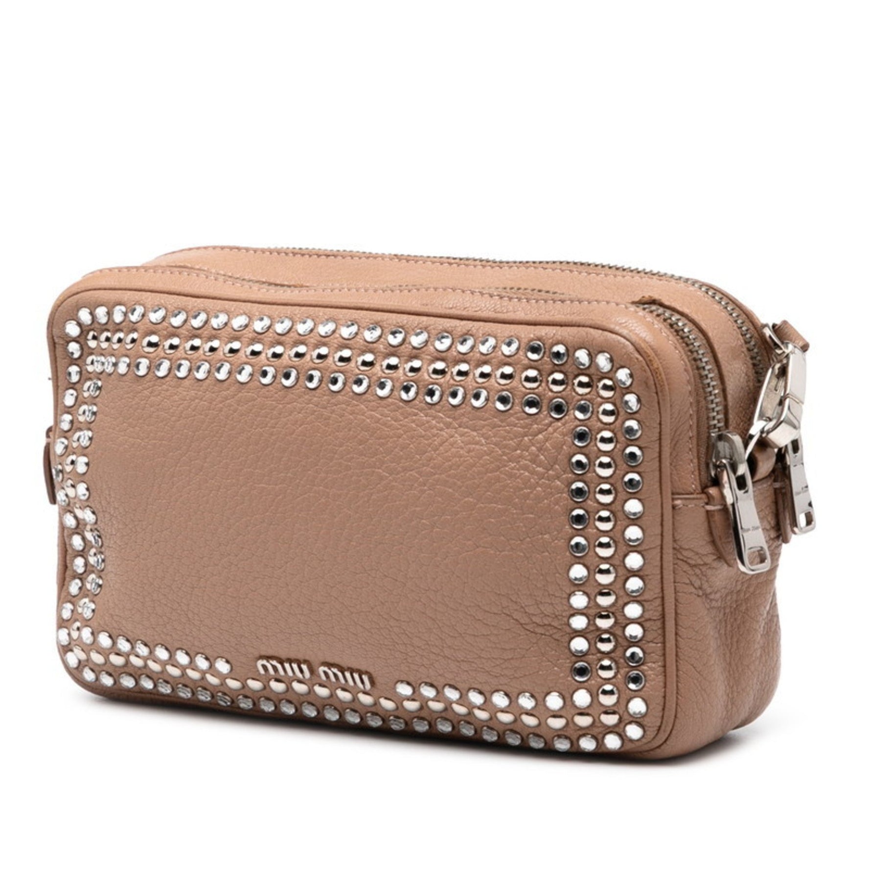 Miu Miu Miu Ribbon Motif Shoulder Bag in Pink Beige Leather with Rhinestones