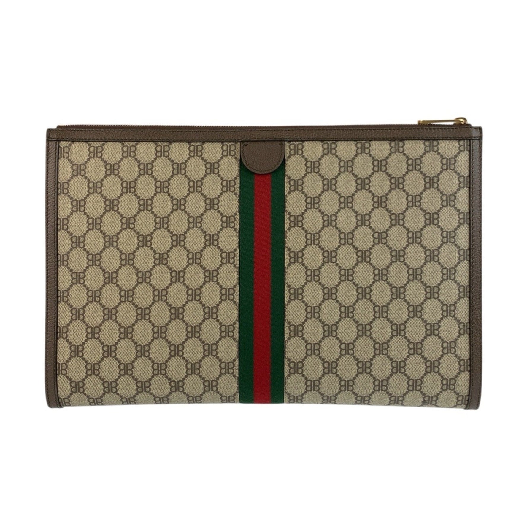 BALENCIAGA GUCCI collaboration The Hacker Project Beige Brown Gold hardware GG Supreme canvas Leather Clutch bag Second Document case Men's