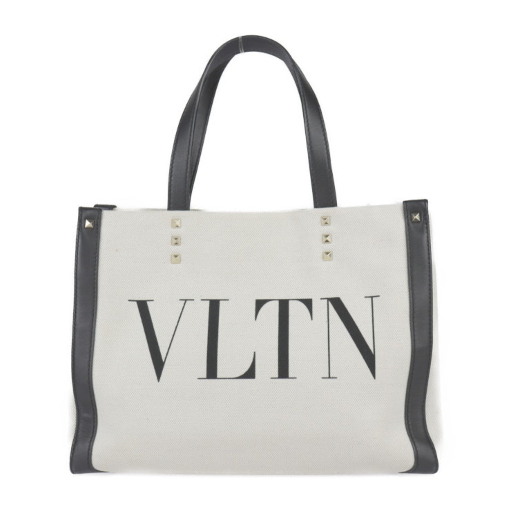 Valentino Garavani VLTN Mini Tote Bag FWB Canvas Leather Natural Black Small Handbag Studs Print