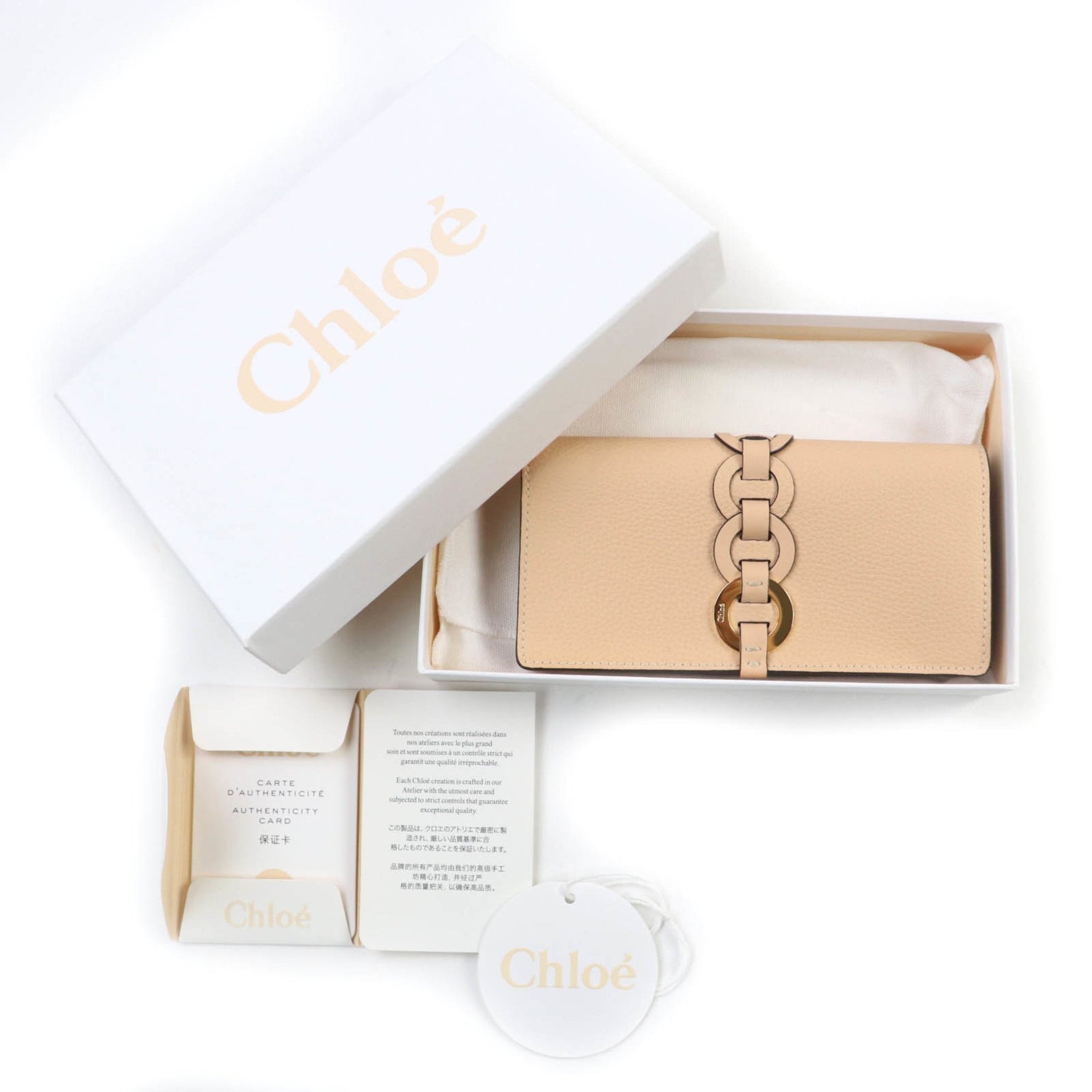 Chloé Chloe Darryl Sandy Leather Wallet with Logo Hardware, Bifold Wallet, Long Box and Dust Bag Included, Made in Spain