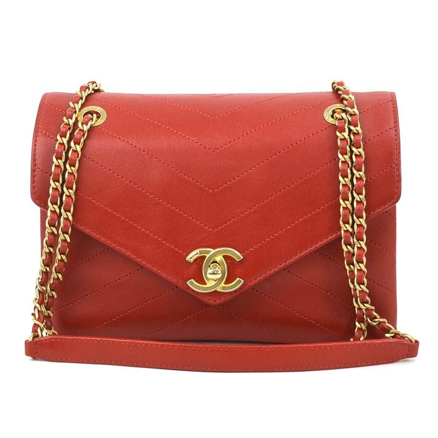 CHANEL Shoulder Bag Chevron Leather Red