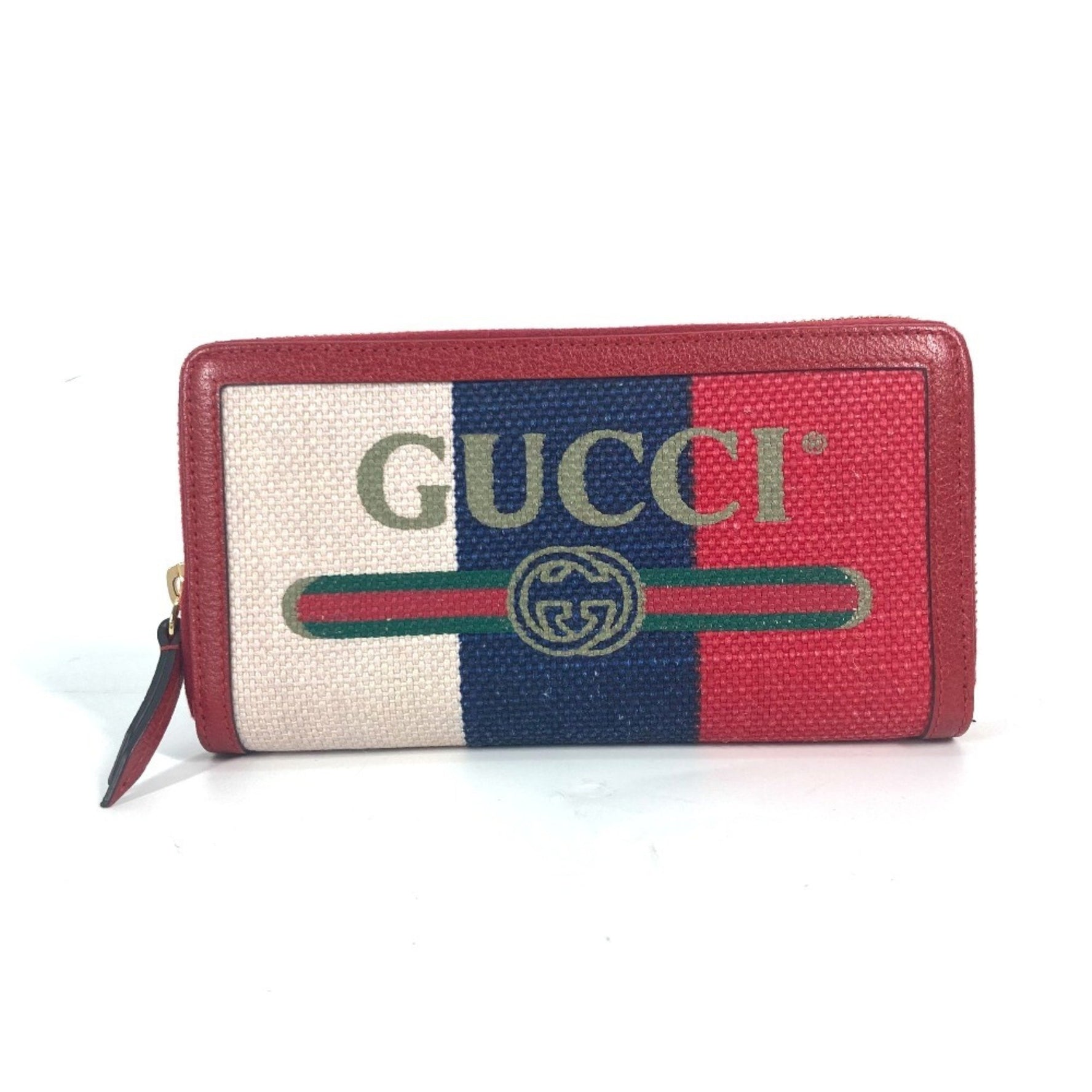 GUCCI Logo Stripe Round Zip Long Wallet Canvas/Leather Red