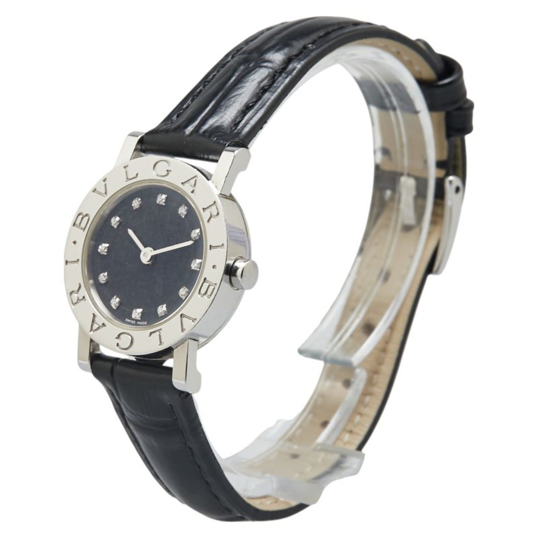BVLGARI Men's Watch BB23SL Quartz Black Dial Leather Strap Stainless Steel