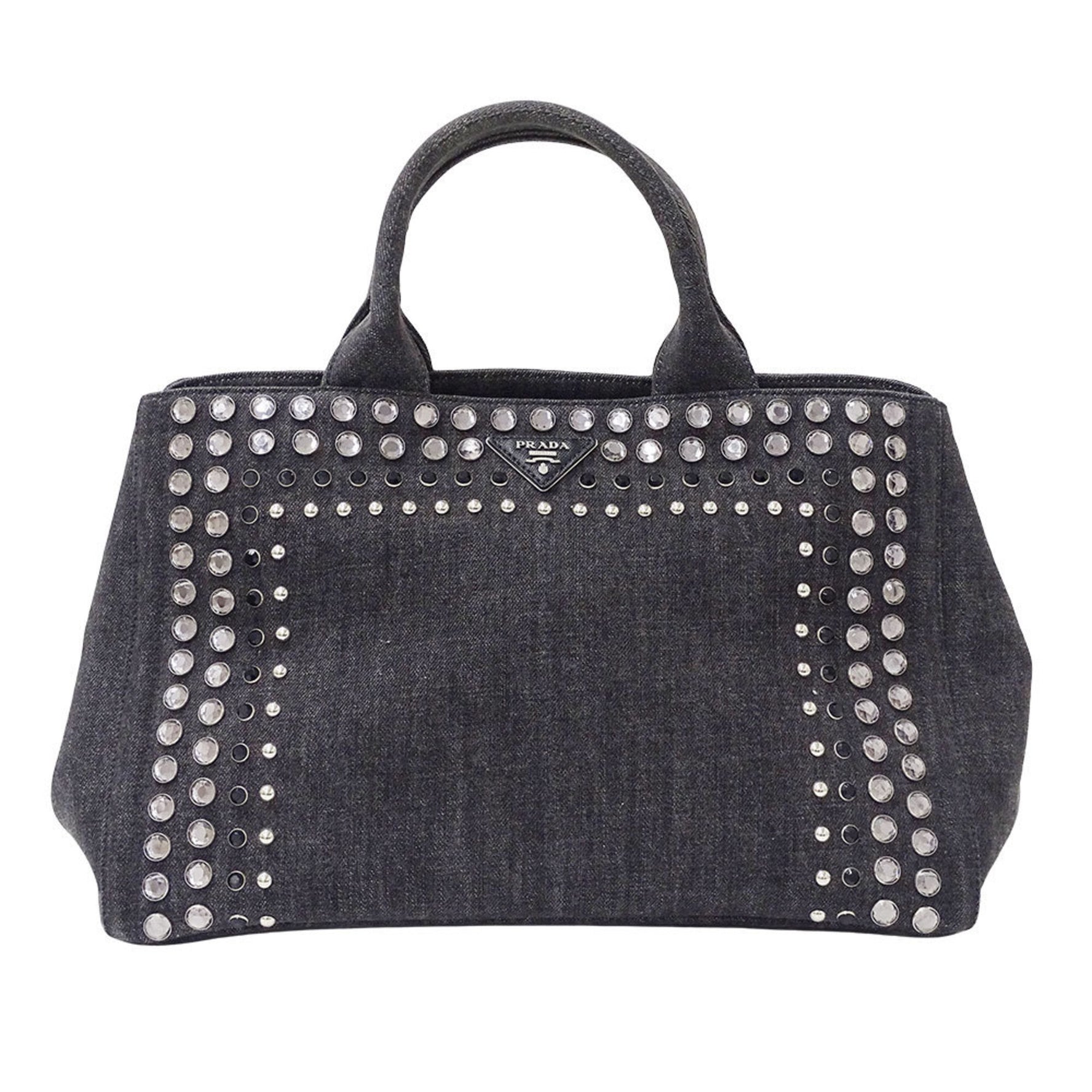 Prada Women's Denim Canapa Tote Bag, Medium, Black, B2642O, with Beaded Studs