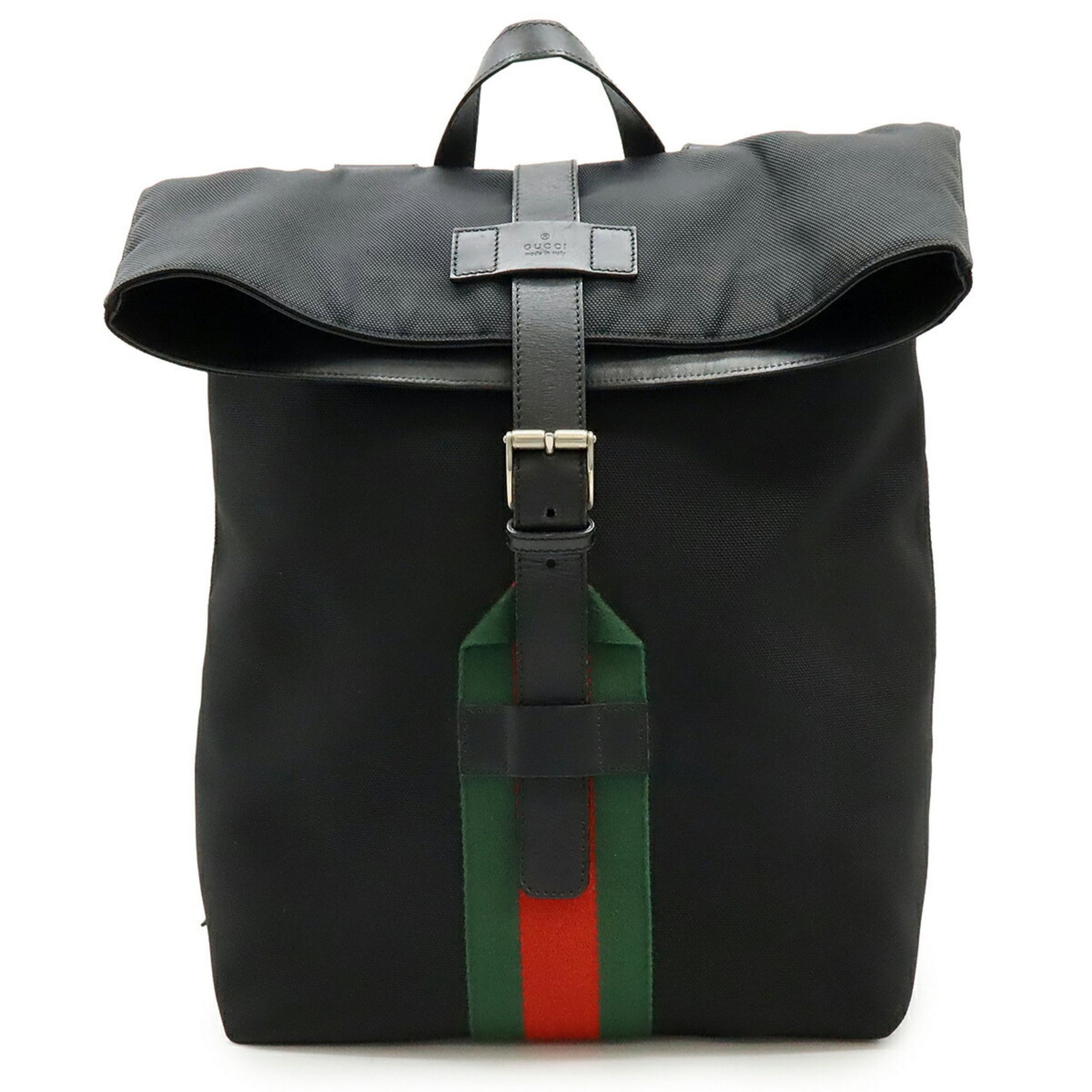 GUCCI Band Techno Canvas Webline Shelly Backpack in Black, Green, and Red Leather