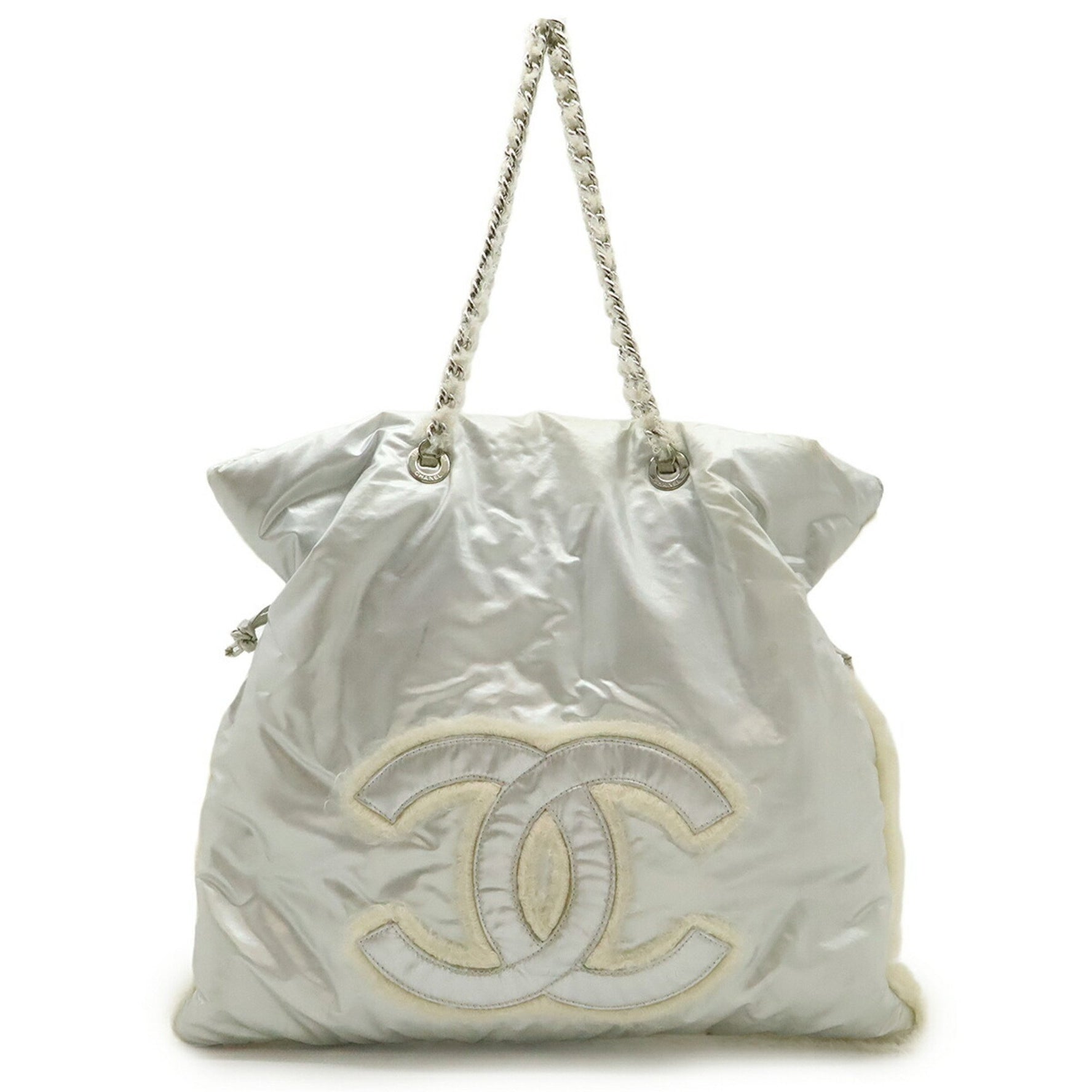 CHANEL Coco Mark Fur Chain Shoulder Bag Nylon Metallic Silver 9700