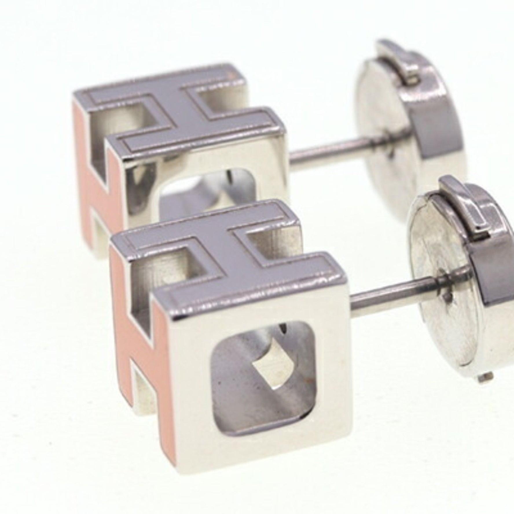 Hermes Earrings, Cage d'Ash, H Cube Orange, Silver, Metal, Studs