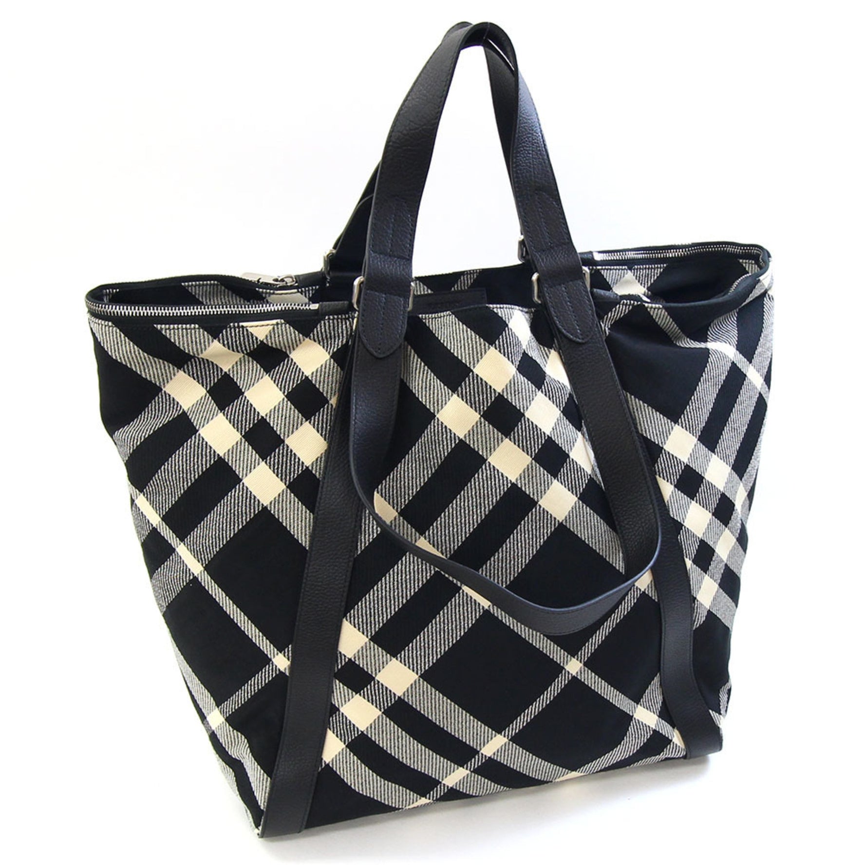 Burberry Tote Bag Black Ivory Cream Canvas and Leather Large Check Pattern Hand