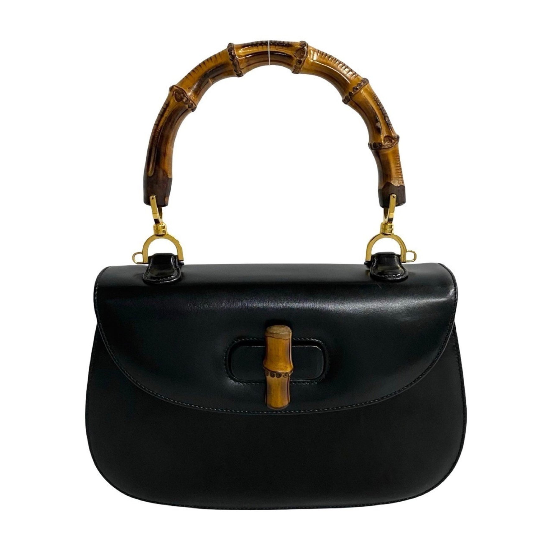 GUCCI Old Gucci Bamboo Leather Turnlock Handbag Mini Tote Bag in Black -9702