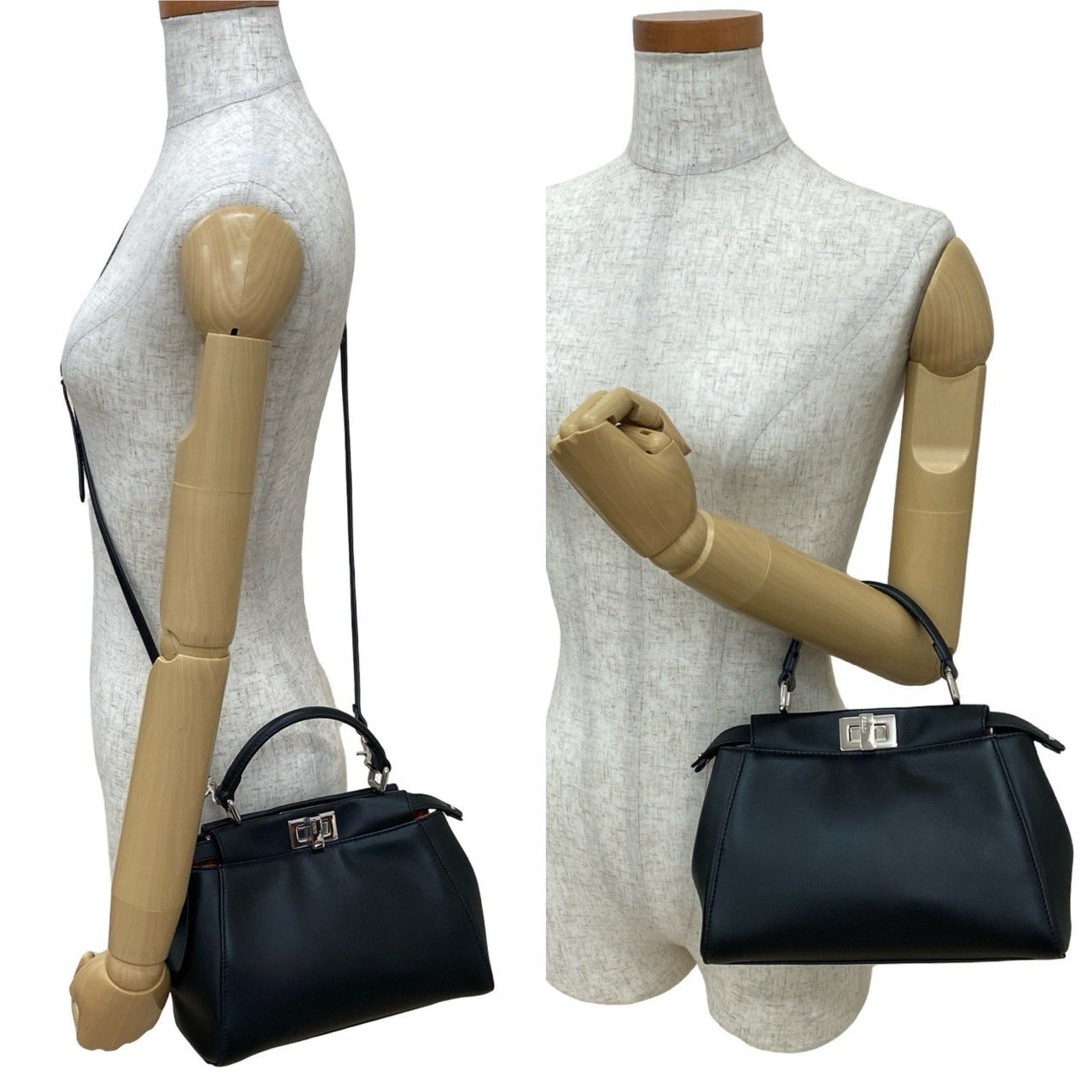 FENDI Peekaboo Mini Leather Turnlock Handbag/Shoulder Bag, Black, 953-5