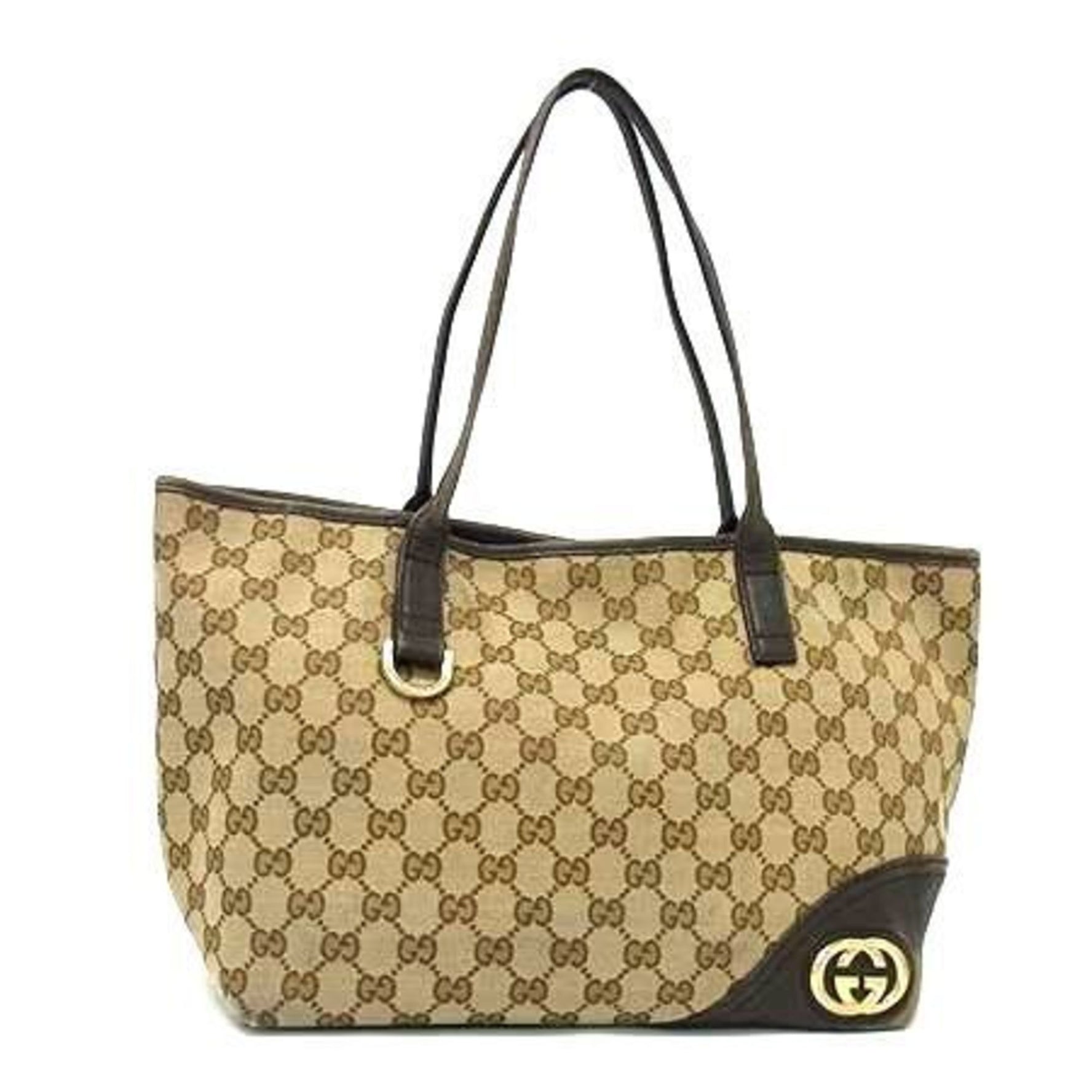 GUCCI New Brit Tote Bag Beige Brown GG Canvas Leather Shoulder