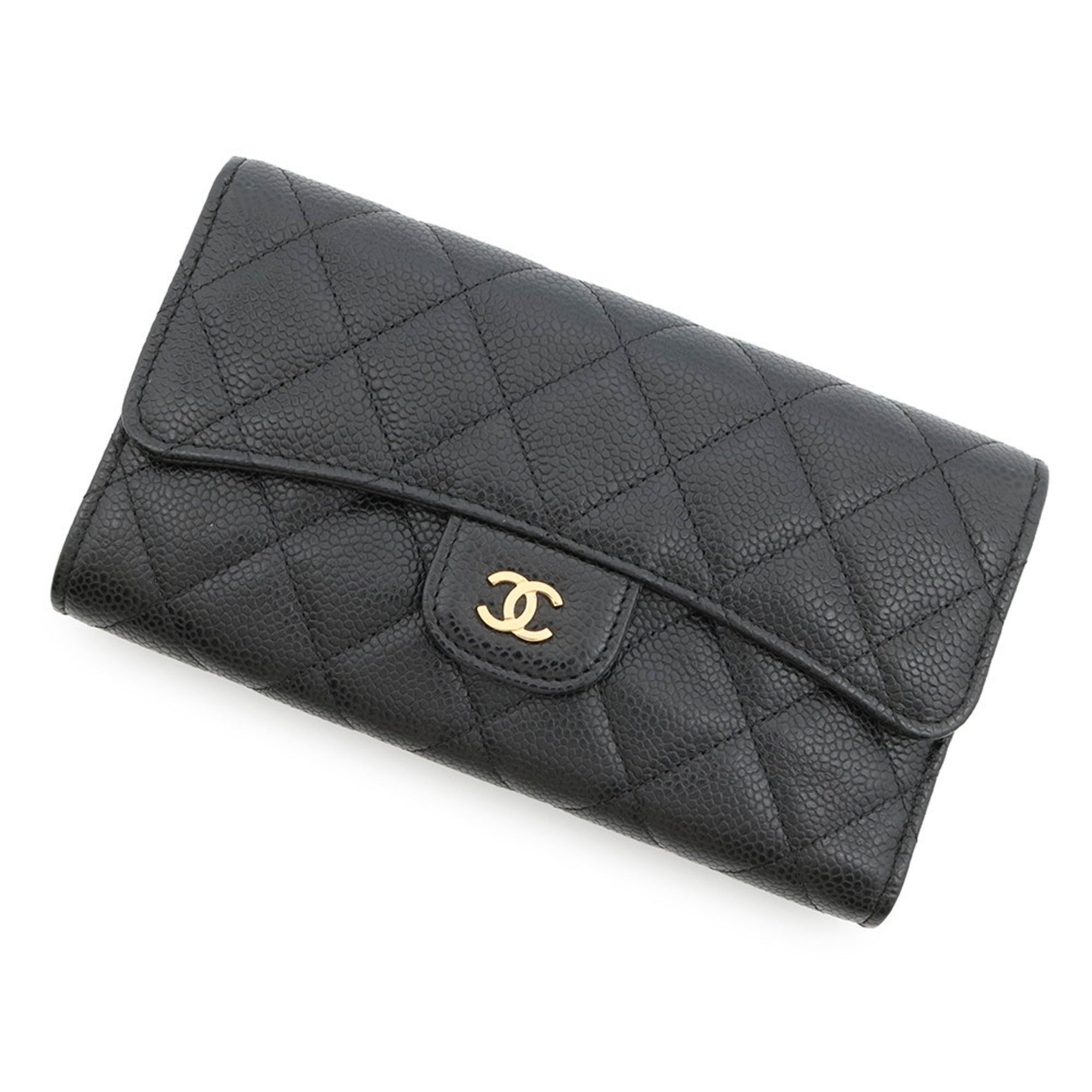 CHANEL Classic Long Flap Wallet with Matelasse Coco Mark and Caviar Skin, Black Tri-fold
