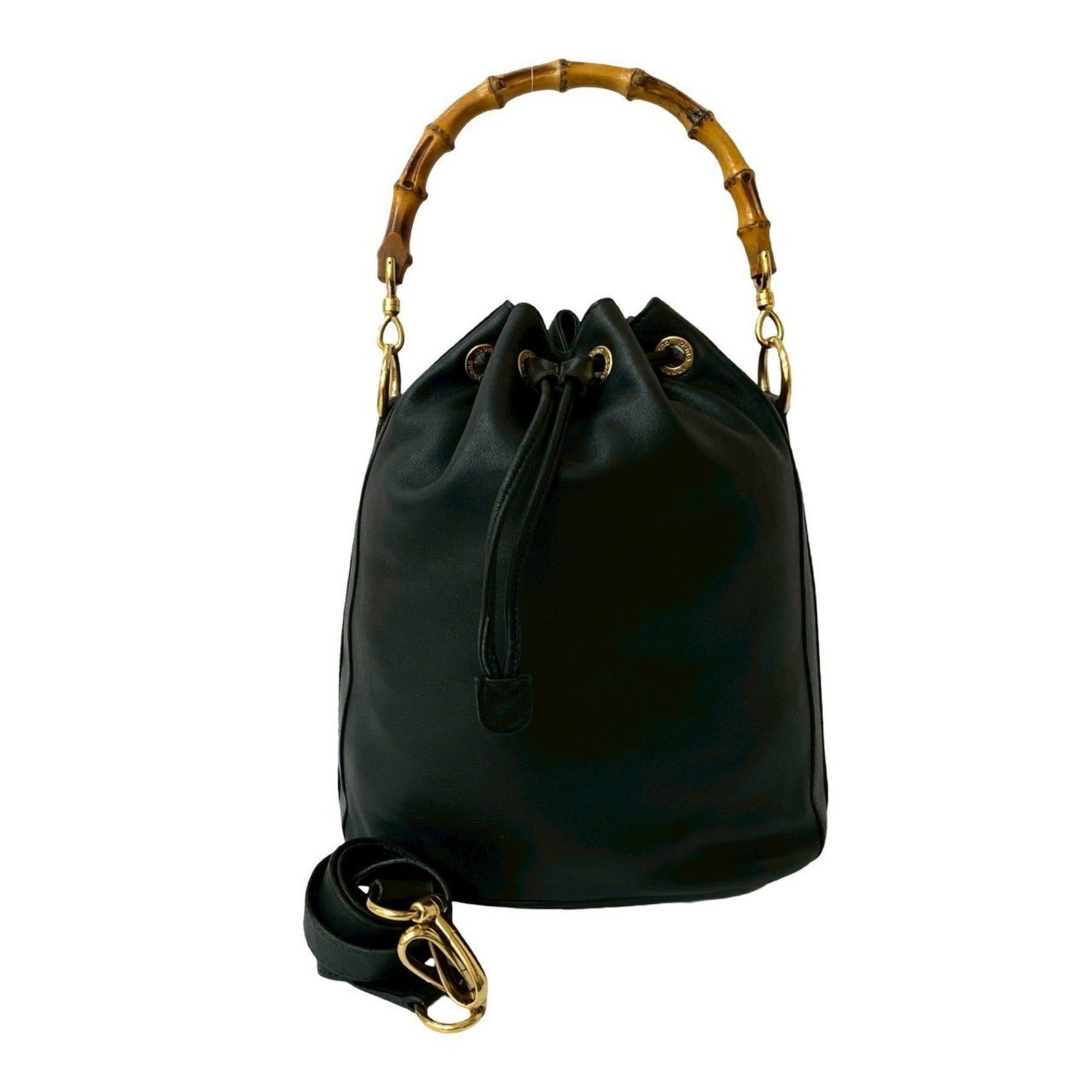 GUCCI Old Gucci Bamboo Leather Genuine Drawstring 2-Way Handbag/Shoulder Bag Black