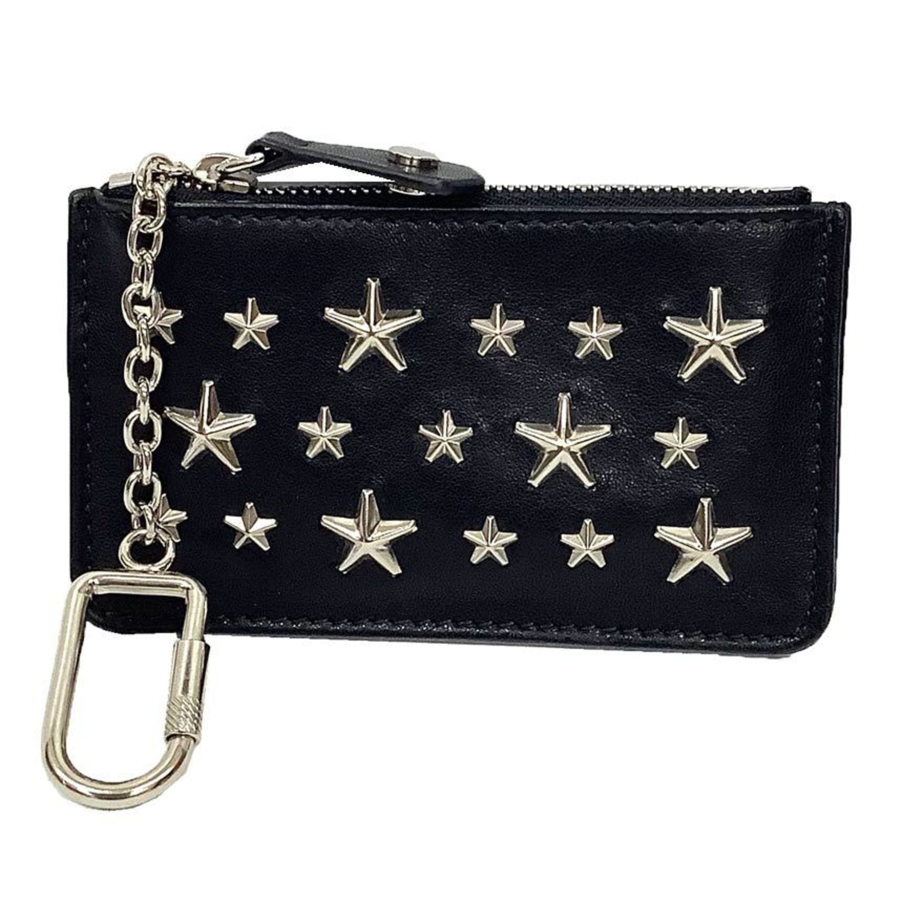 JIMMY CHOO NANCY silver star stud leather key case in black. Coin and wallet women. Unisex.