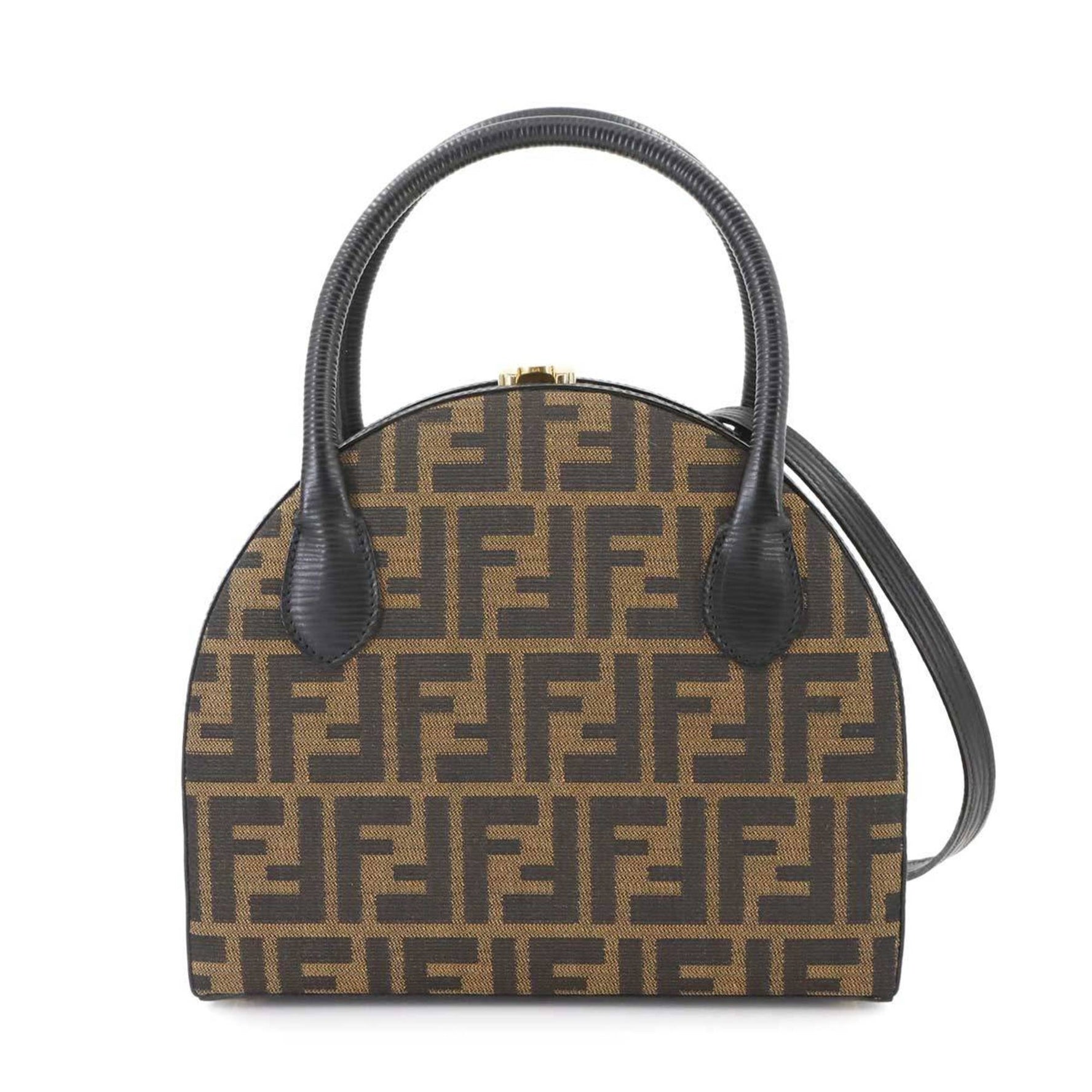 Fendi Zucca 2-way hand and shoulder bag in canvas leather with brown, black, gold hardware.