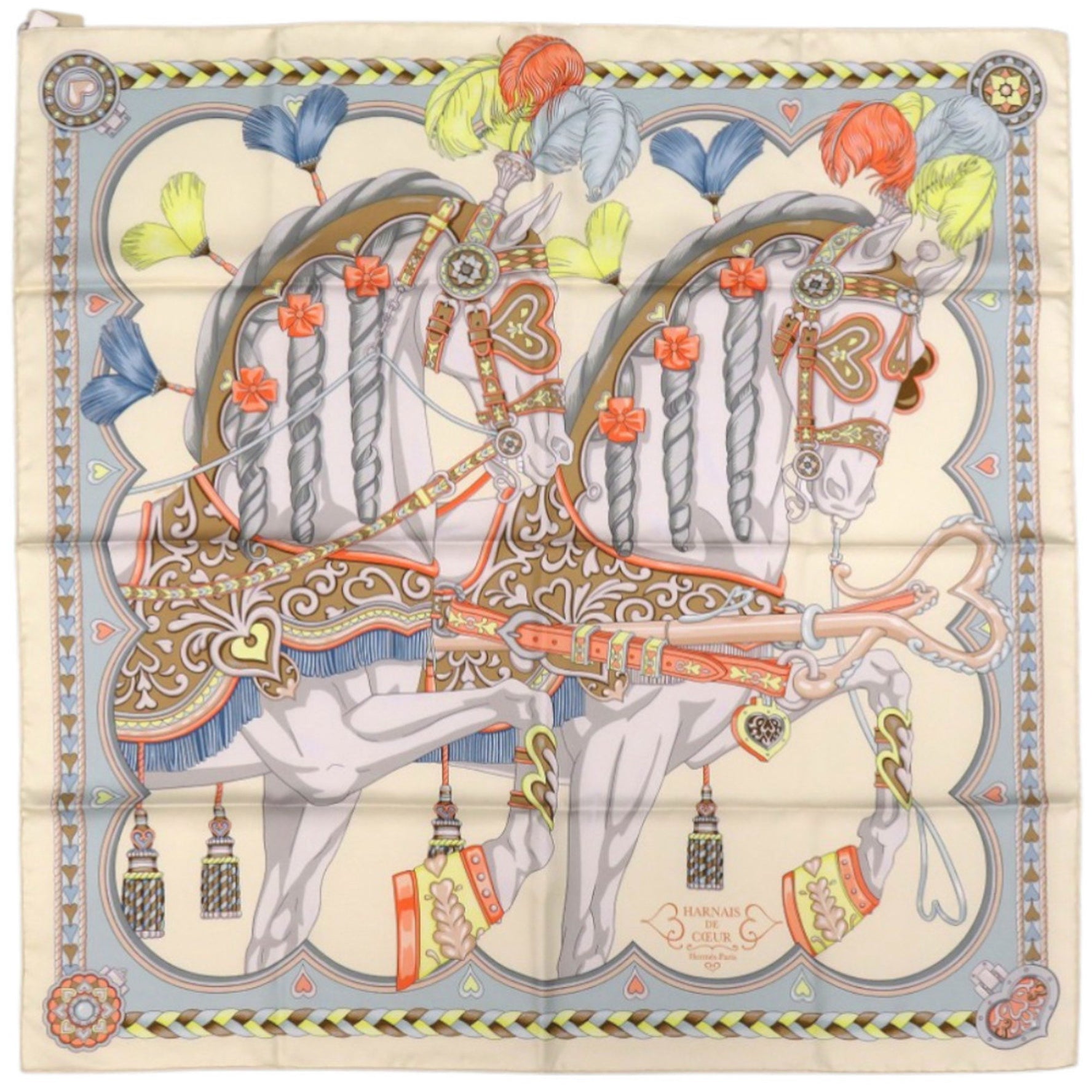 Like new Hermès Carré 90 Arne de Coeur Silk Creme Gris Perle Apricot Scarf Muffler 0758 HERMES