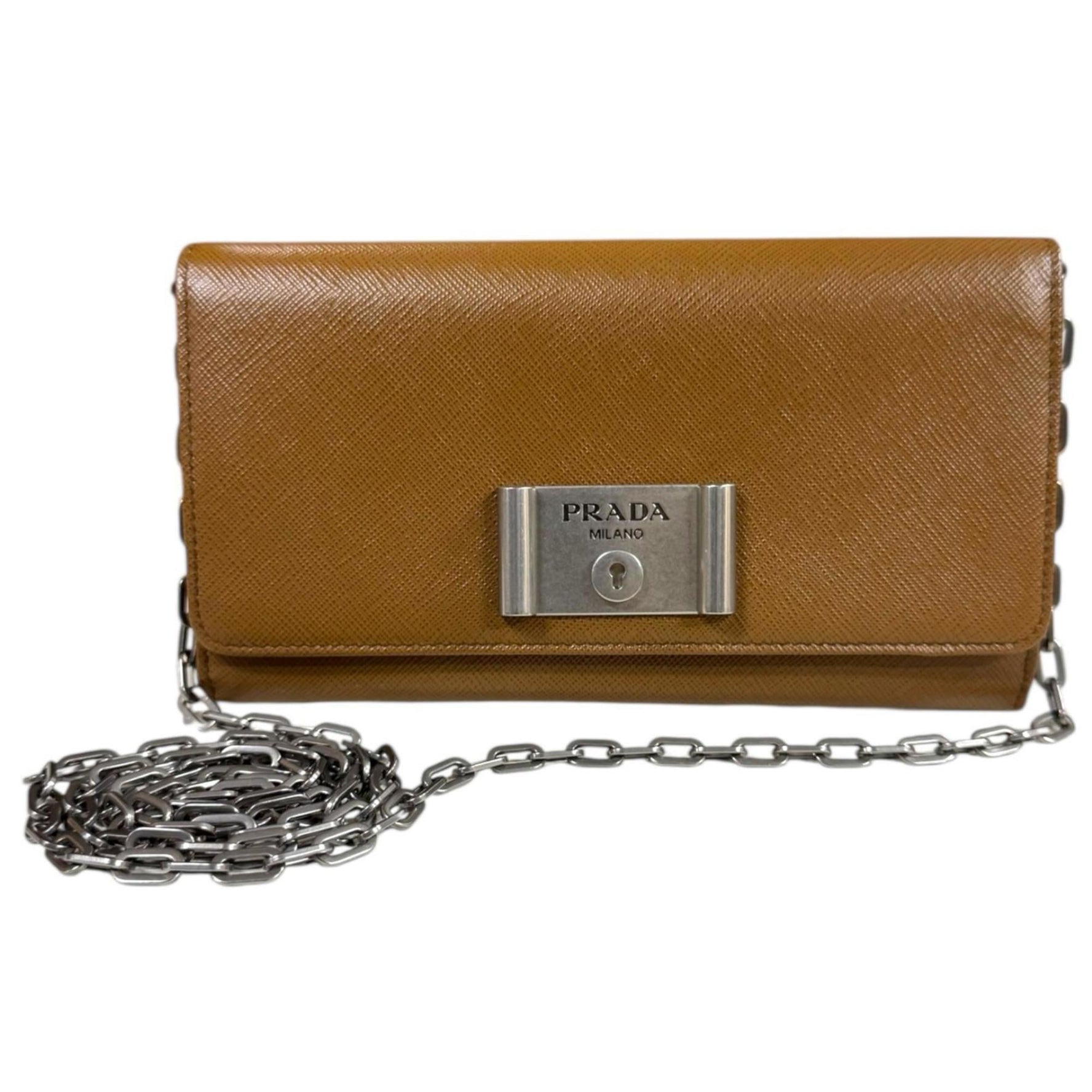 Prada Saffiano Shoulder Bag Leather Chain Wallet