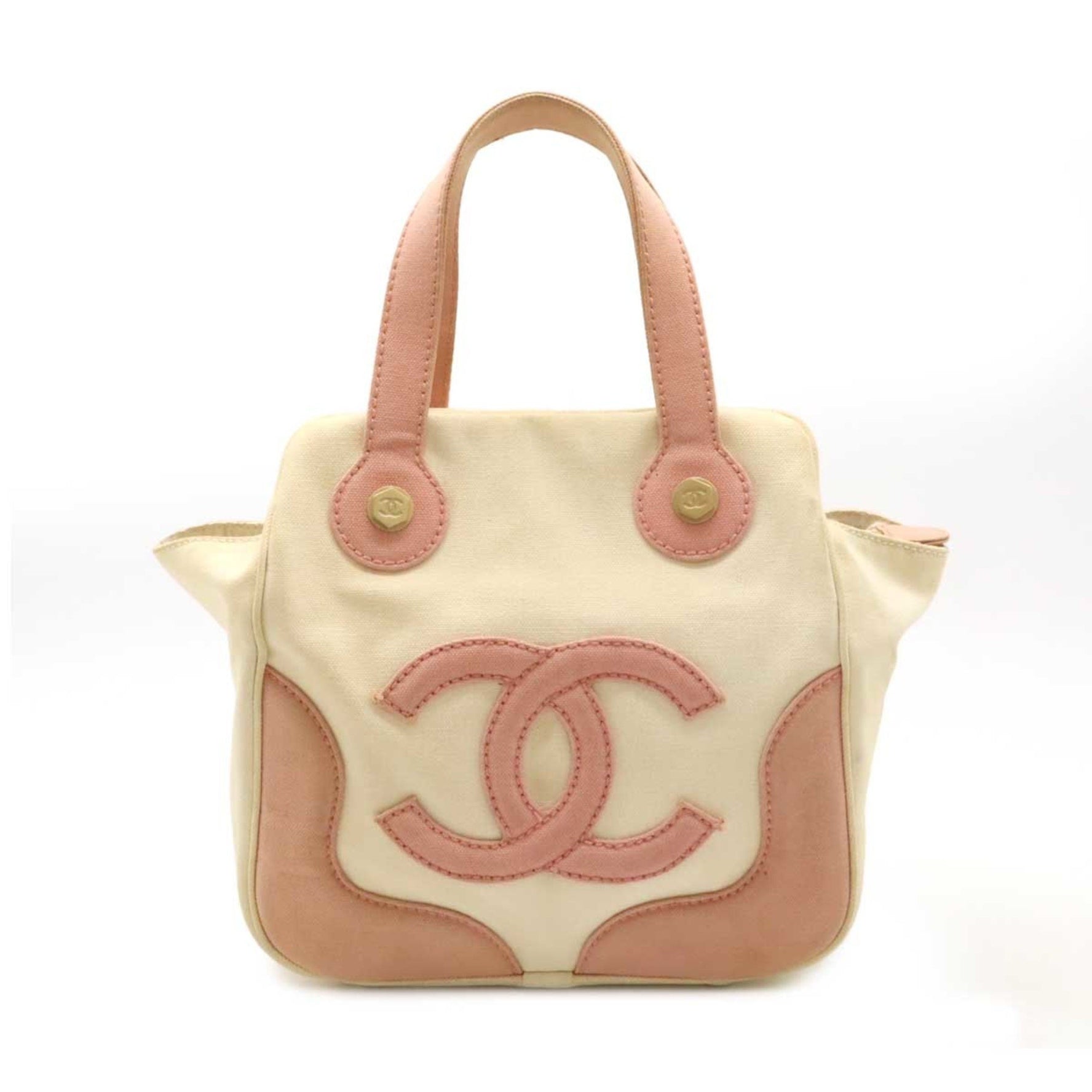CHANEL Coco Mark Marshmallow Bag Tote Handbag Canvas Pink Ivory White