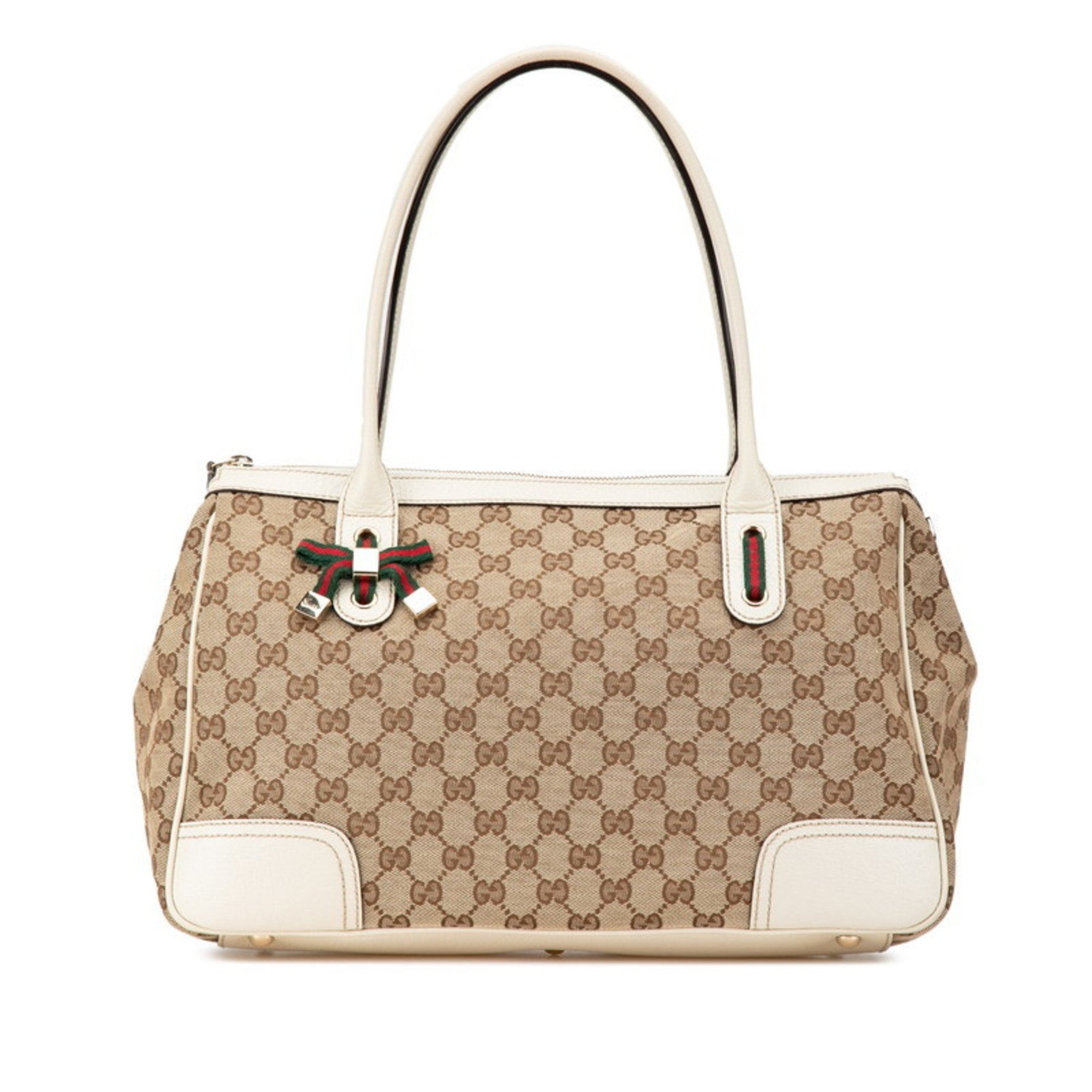 Gucci GG Canvas Princess Sherry Line Ribbon Handbag Tote Bag White Brown Leather