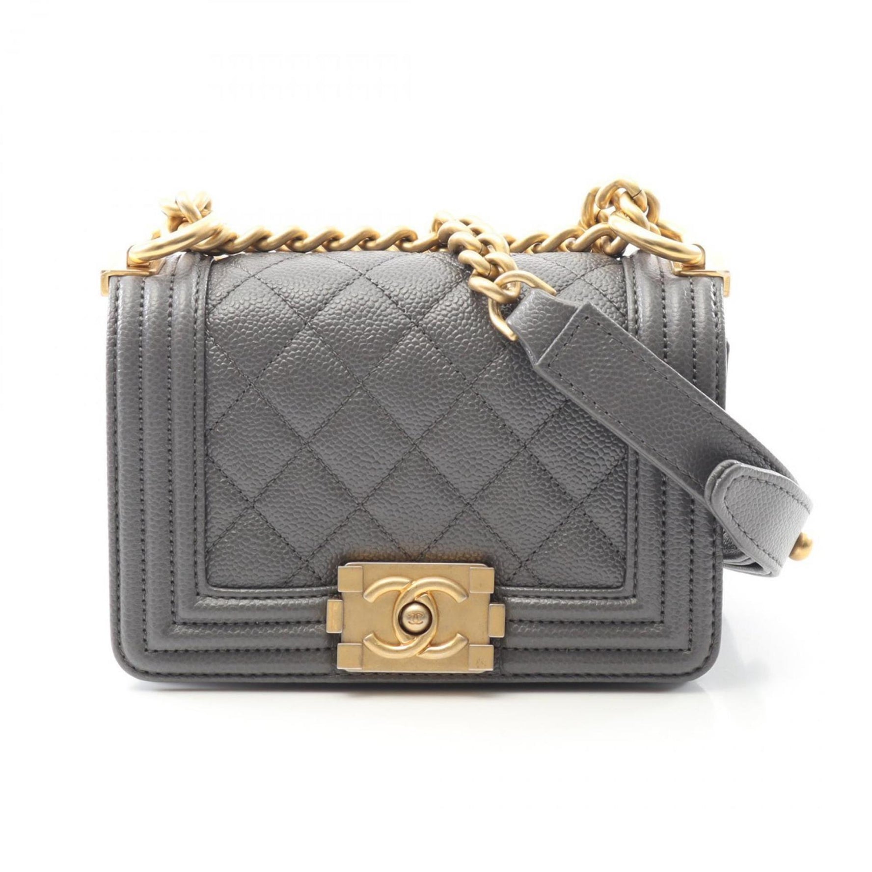 CHANEL Boy Chanel Mini Matelasse Shoulder Bag in Grained Calfskin Caviar, Gray, Women's, A67364