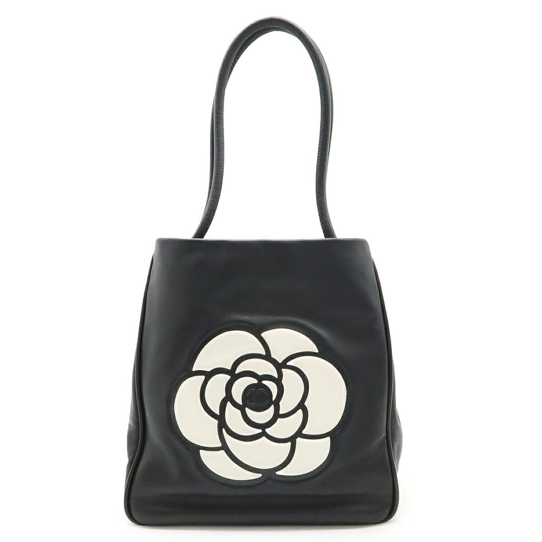 CHANEL Camellia Tote Bag Shoulder Leather Black White