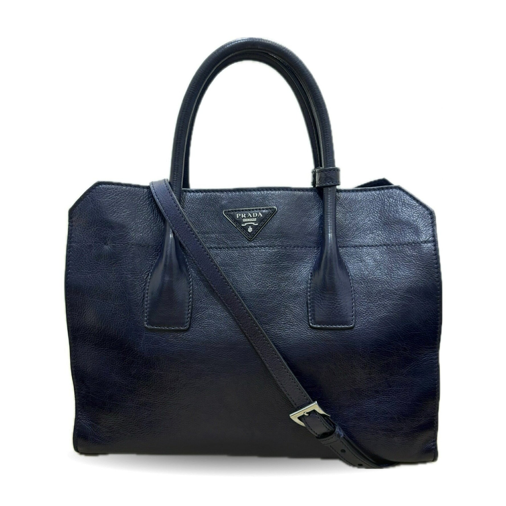 Prada Vitello Dino Handbag Shoulder Bag Navy Leather Triangle PRADA