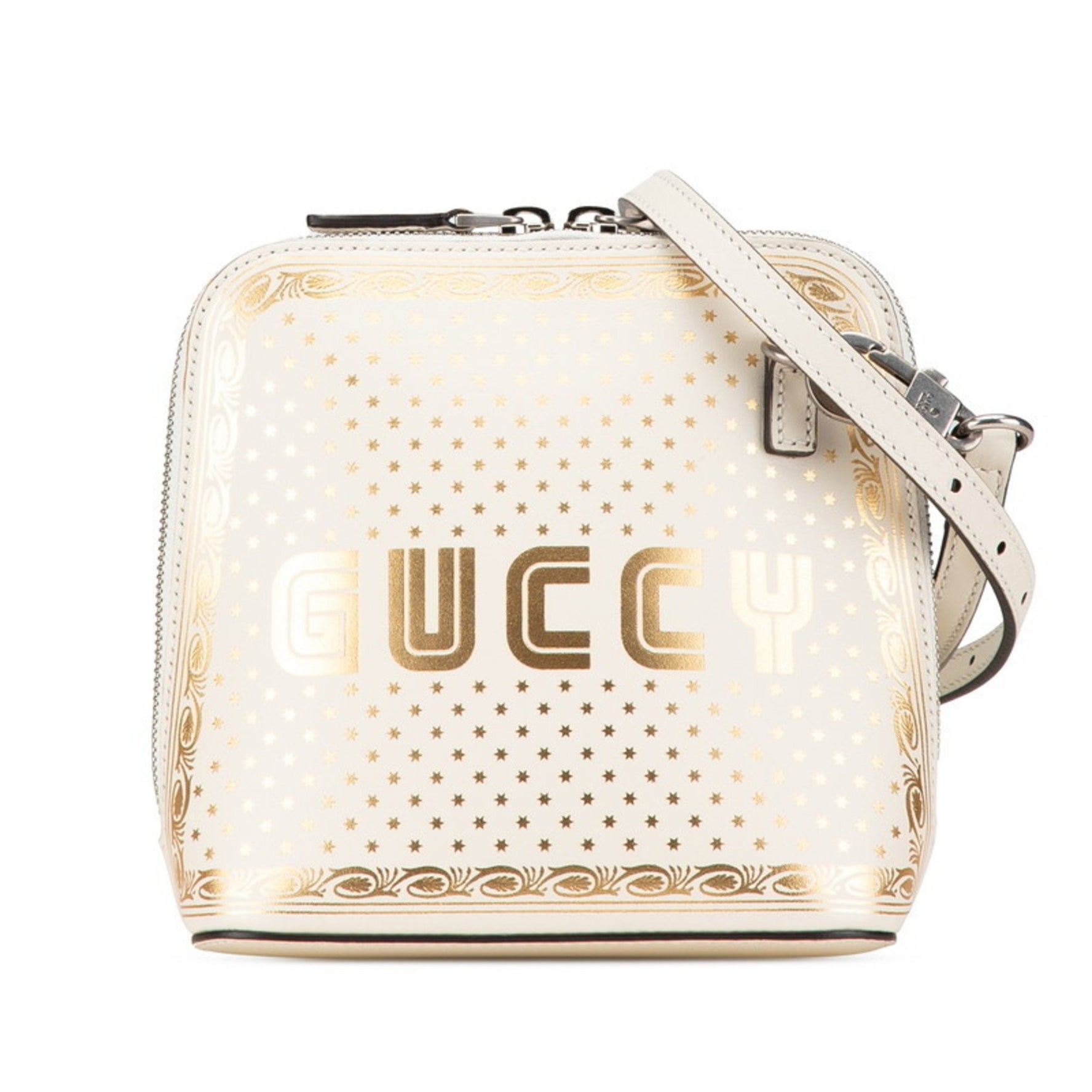 GUCCY SEGA Print Mini Shoulder Bag White Gold Leather GUCCI