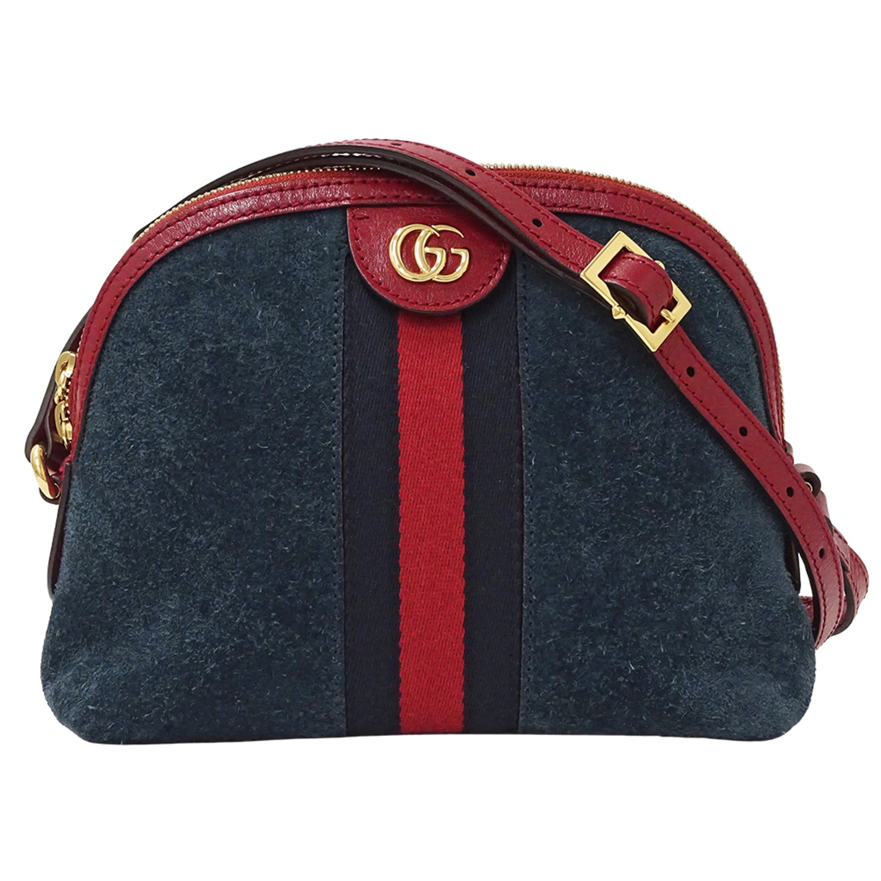 Gucci Ophidia Suede Shoulder Bag - Navy/Red. Small, crossbody mini bag.