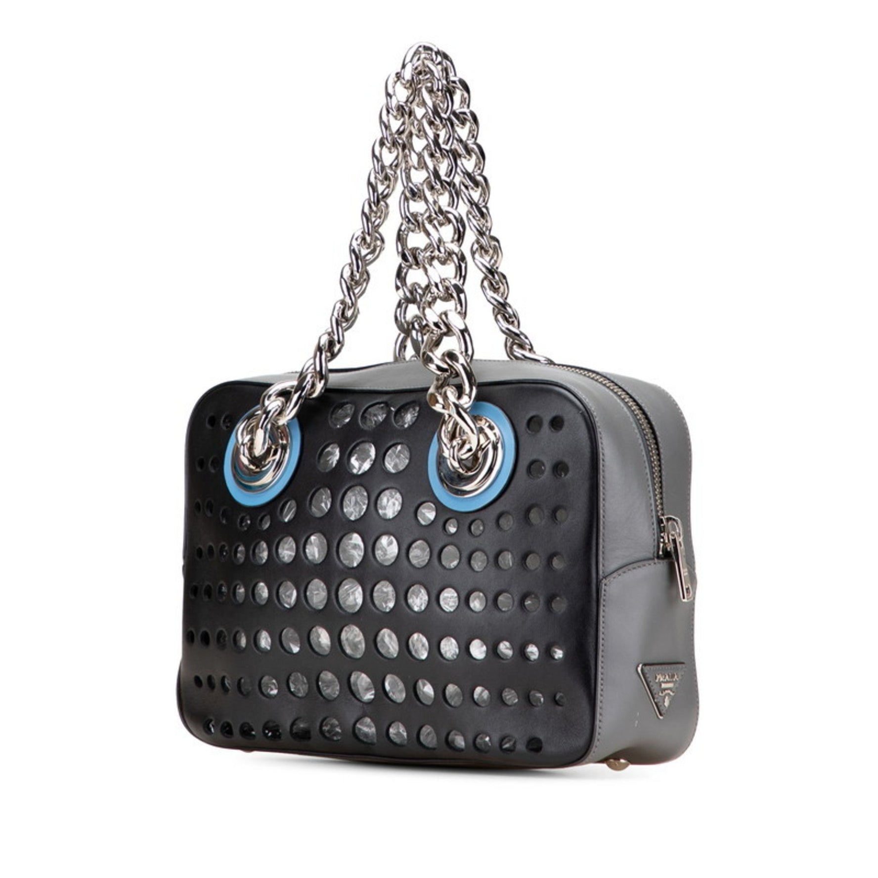 Prada Triangle Logo Plate Punching Chain Tote Bag Handbag Black Gray Leather