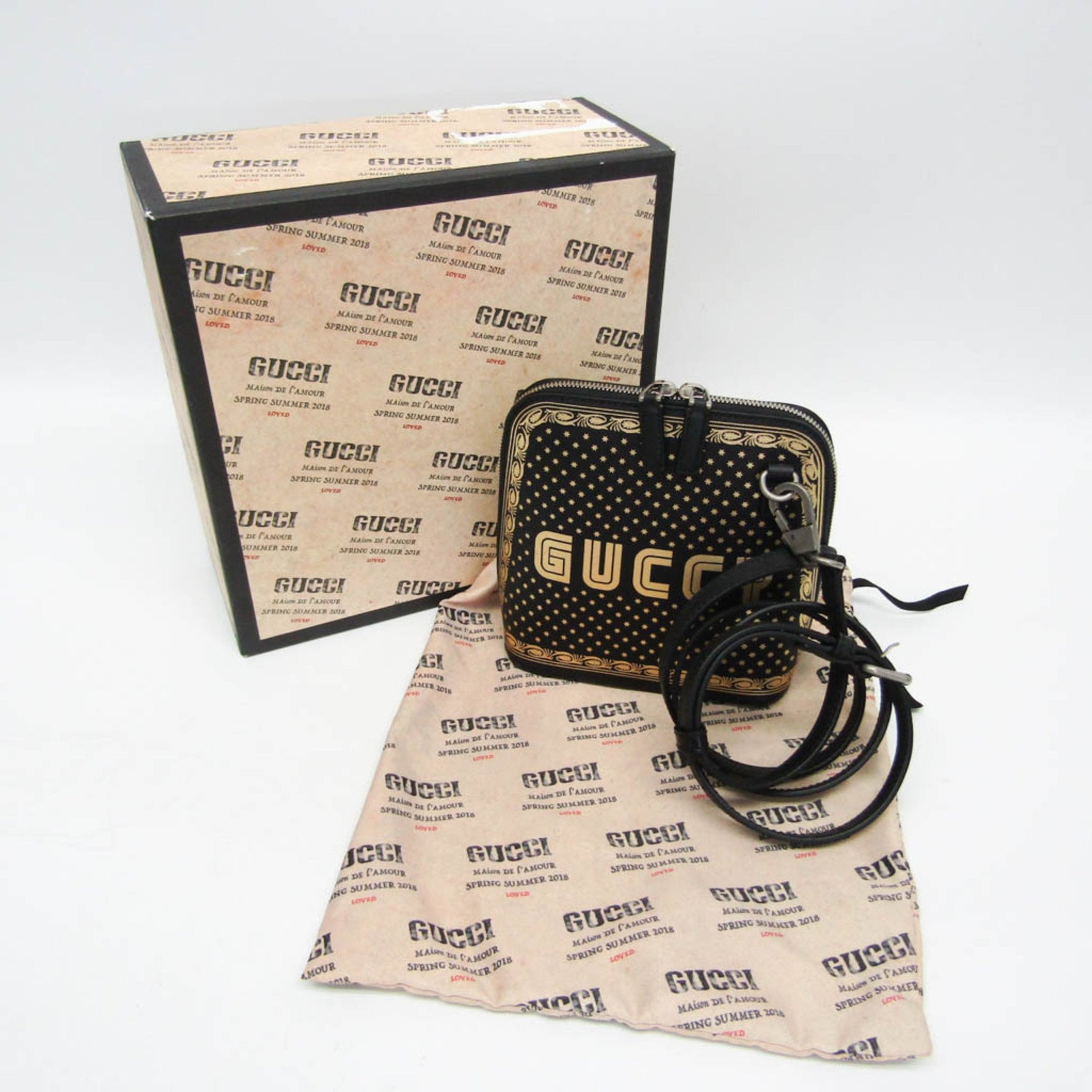 Gucci GUCCY Print Leather Shoulder Bag Black,Gold