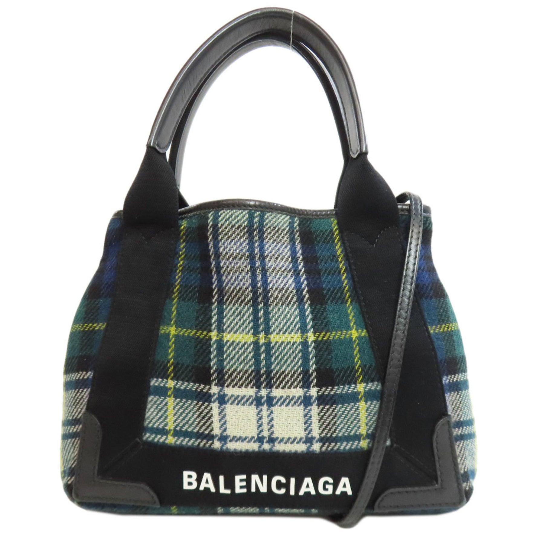 Balenciaga Navy Cabas XS Checkered Handbag Wool Leather
