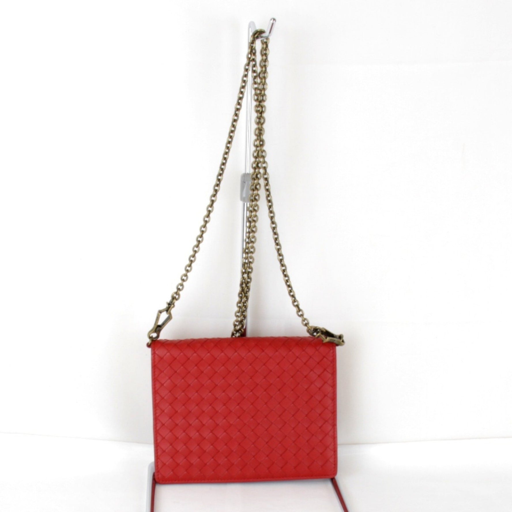 BOTTEGA VENETA Intrecciato Chain Wallet Shoulder Bag Leather Red