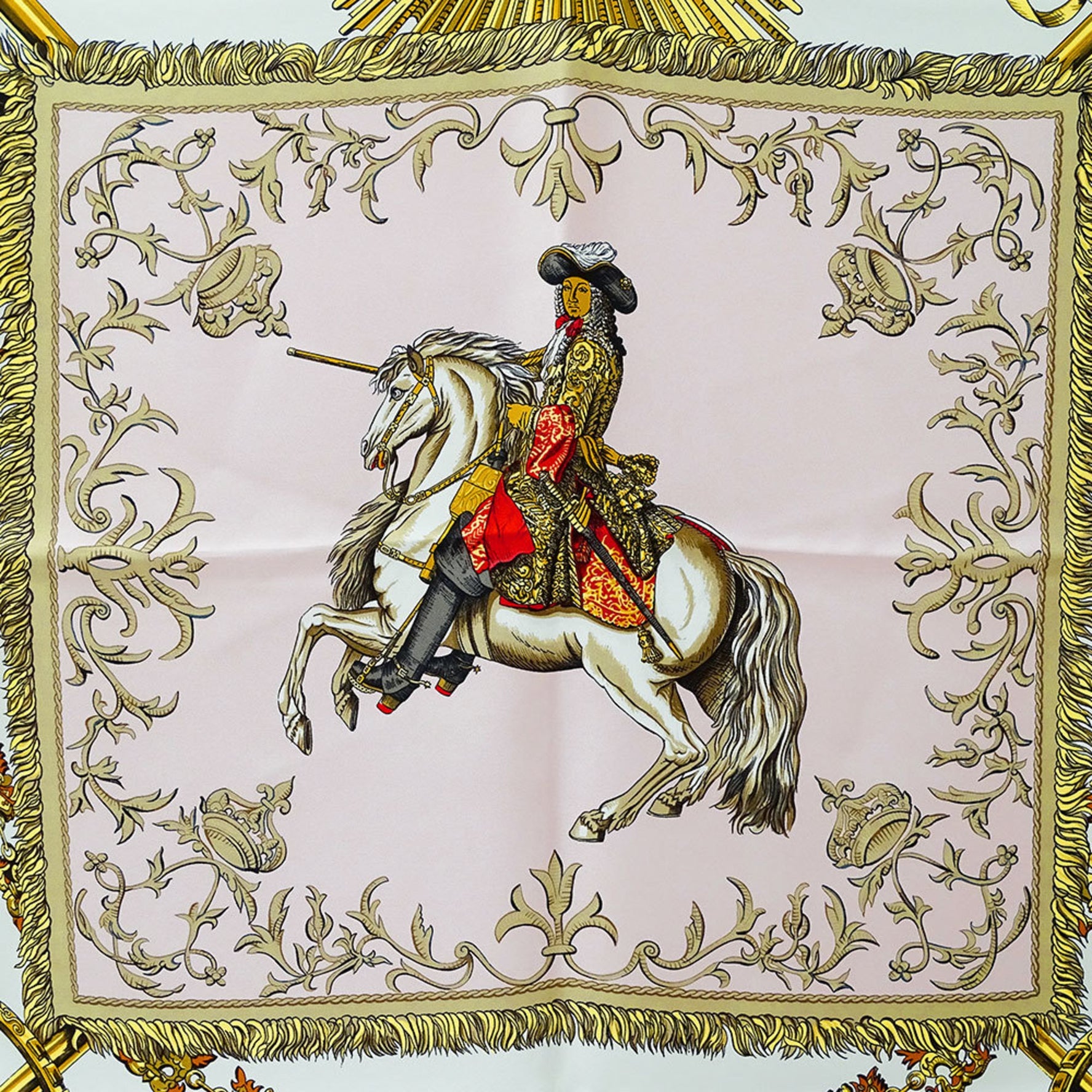 Hermes Hermès Carré 90 Scarf by LVDOVICVS MAGNVS, featuring Louis XIV on a white horse. This elegant, large, silk scarf features gorgeous design in pink and yellow.
