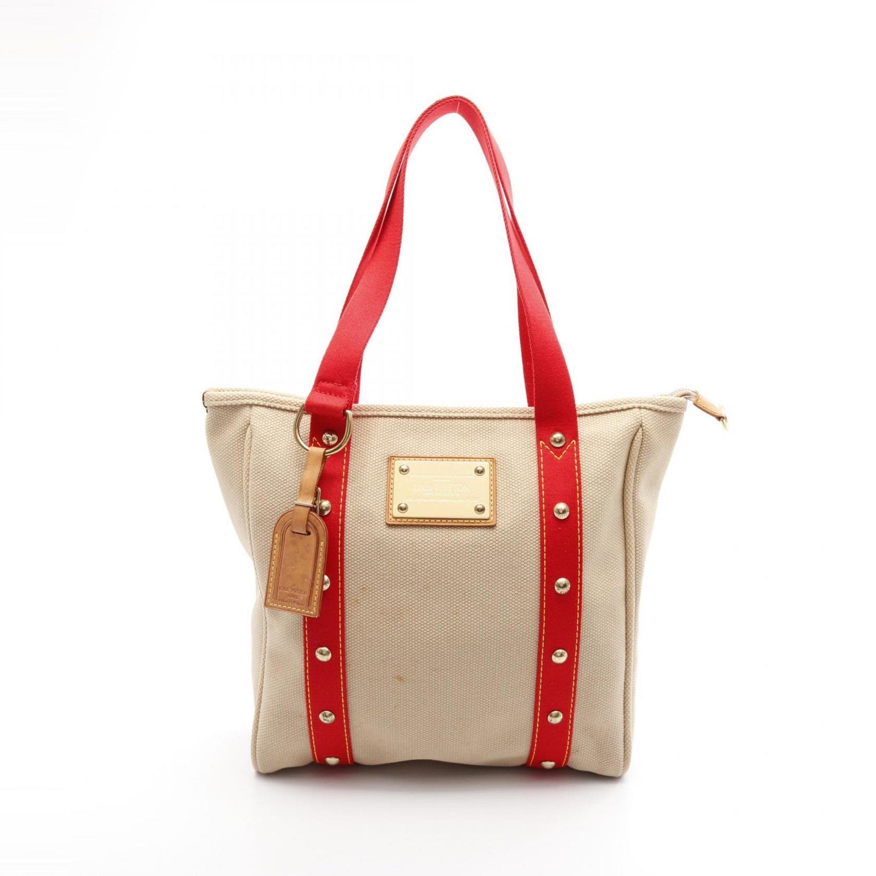 Louis Vuitton Cabas MM Antigua Tote Bag Canvas Leather Beige Red