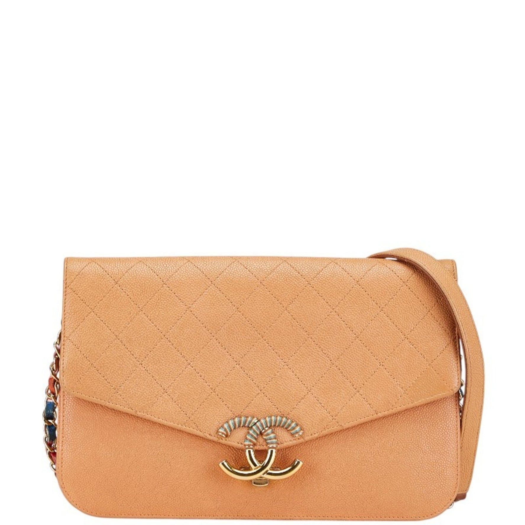 Chanel Half Coco Chain Shoulder Bag Orange Beige Caviar Skin
