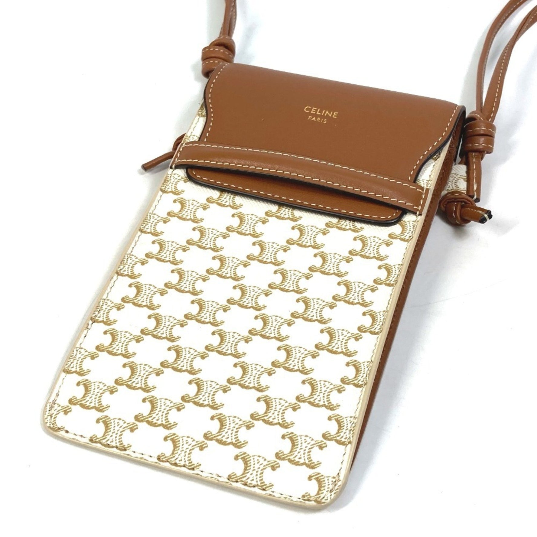 CELINE Triomphe Phone Case/Bail Pouch Shoulder Bag/Pochette Smartphone Case, PVC/Nylon, Beige