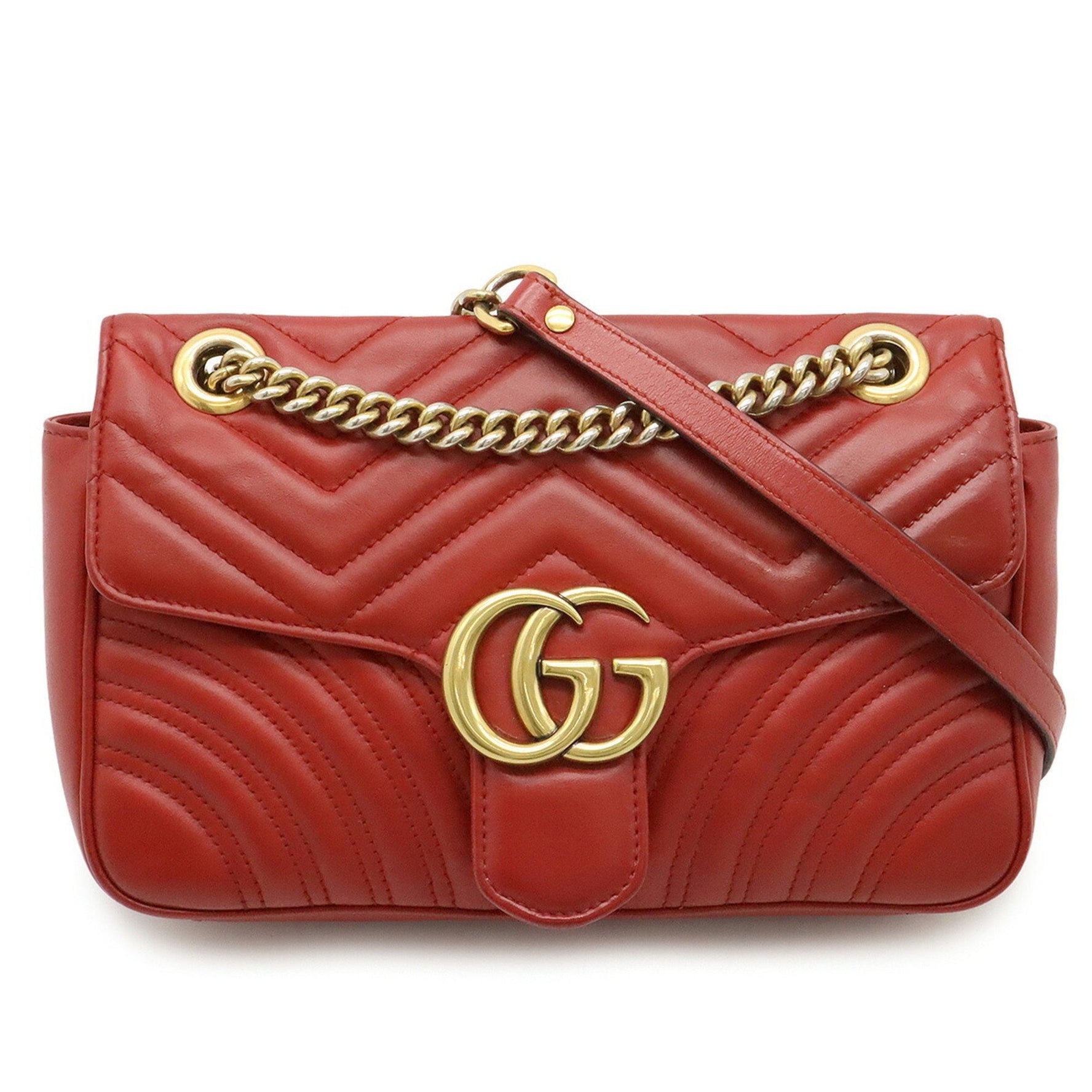 GUCCI GG Marmont Chain Shoulder Bag Pochette in Quilted Leather, Red,