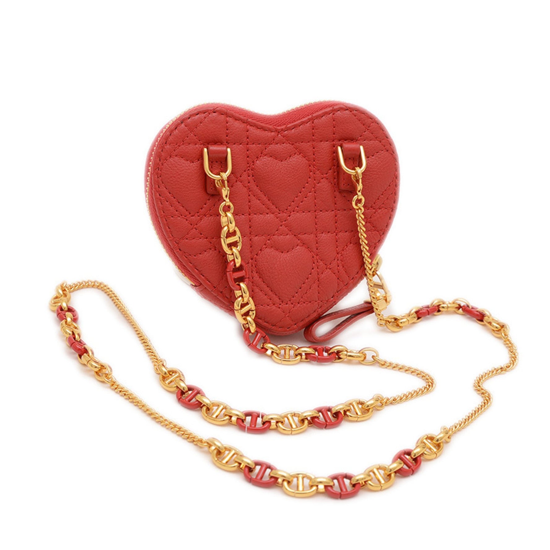 Christian Dior Dior Caro Heart Pouch Shoulder Bag Leather Red Gold Hardware BP