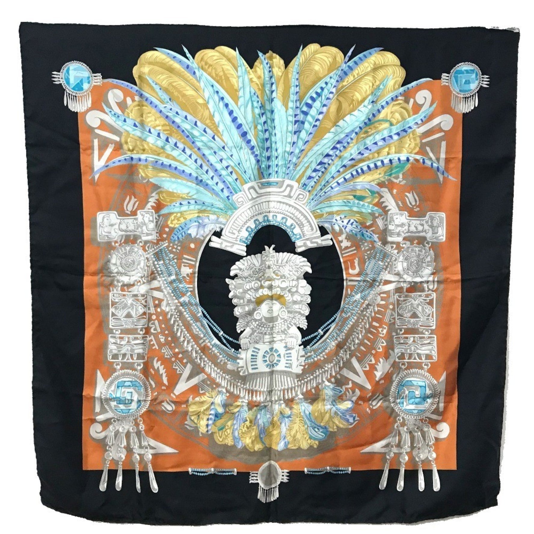 HERMES Carré 90 Buddha Carnival Scarf Silk Muffler Black/Multicolor