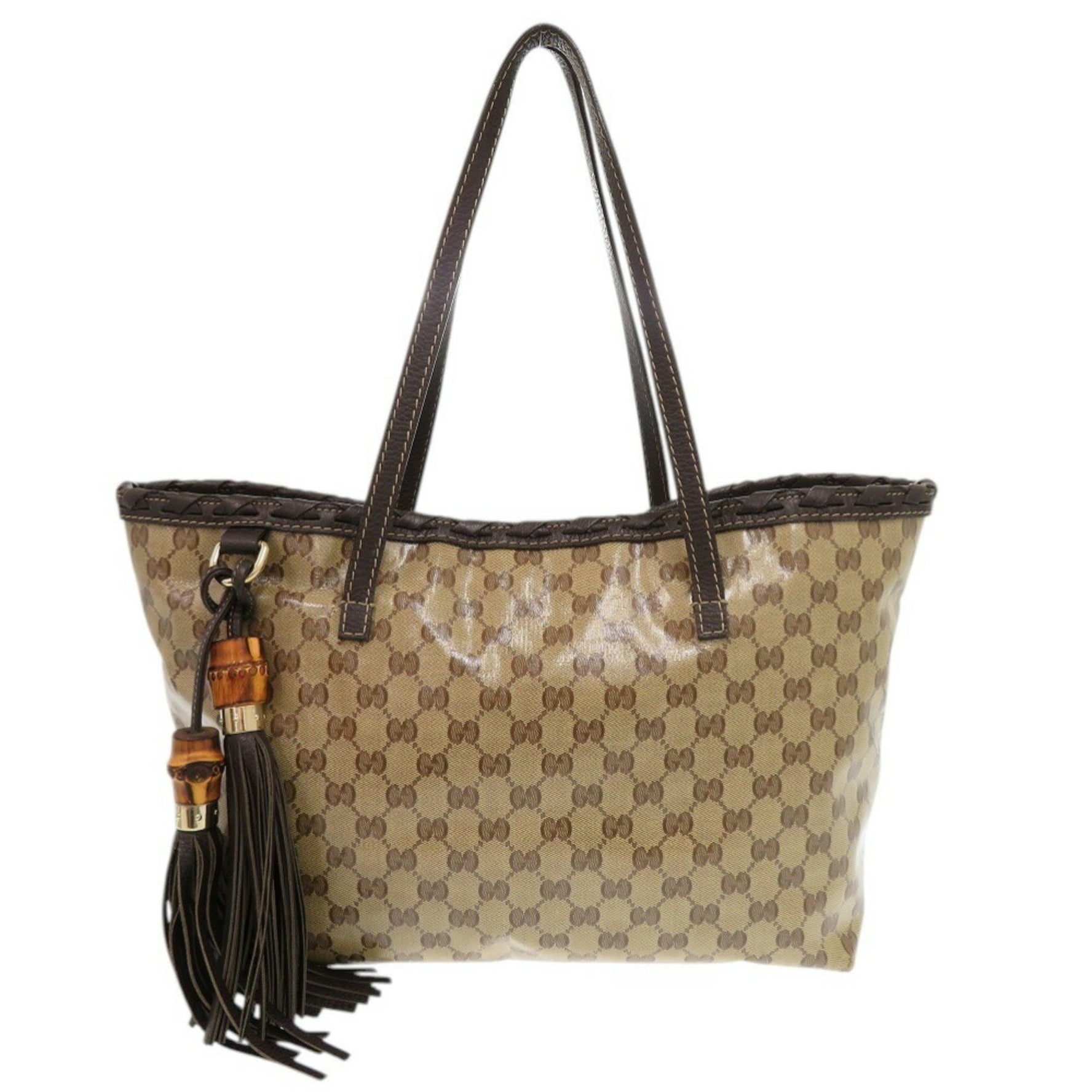Gucci GG Crystal Bamboo Tassel Leather Beige Tote Bag 1176GUCCI