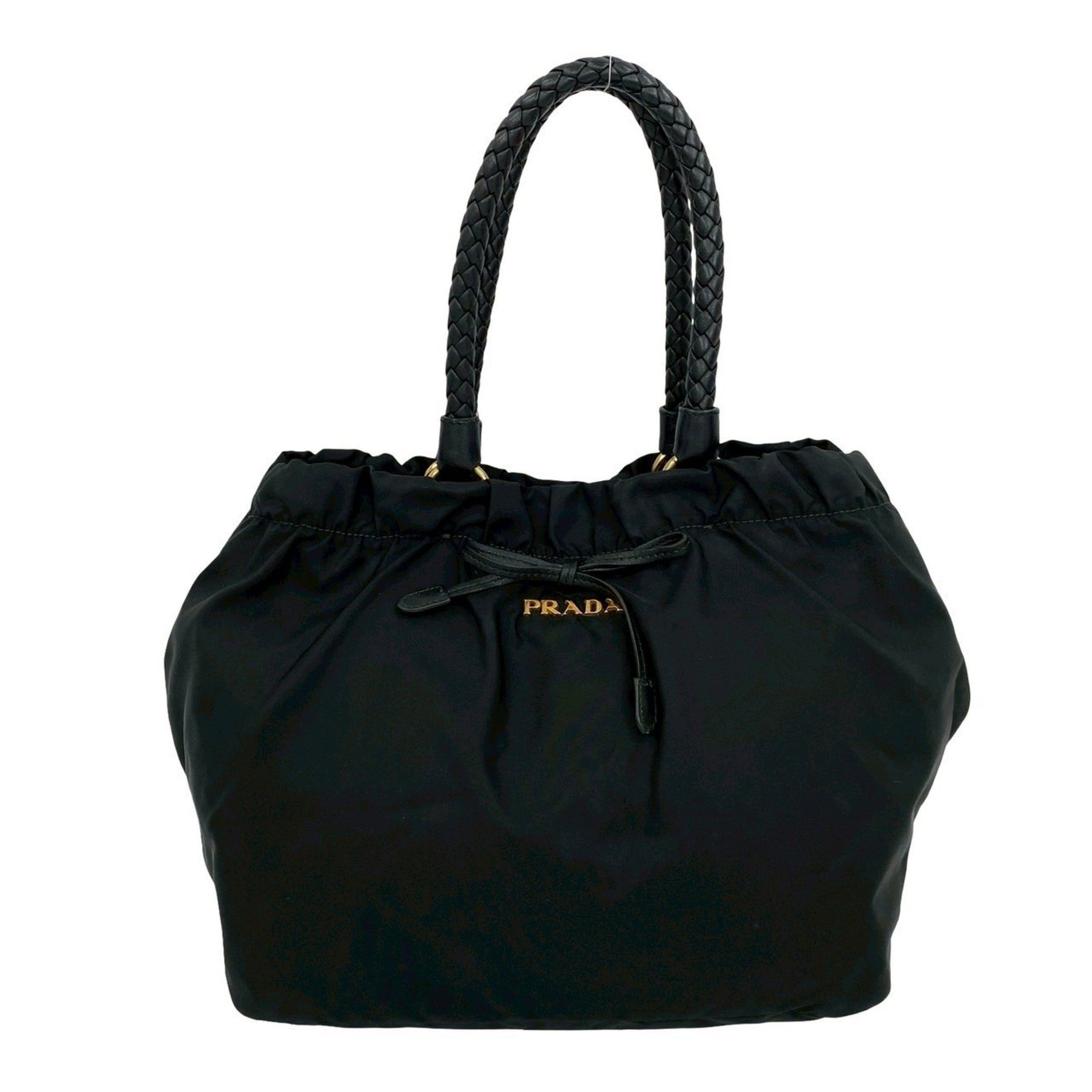 PRADA logo hardware ribbon motif nylon and leather handbag, tote bag, semi-shoulder