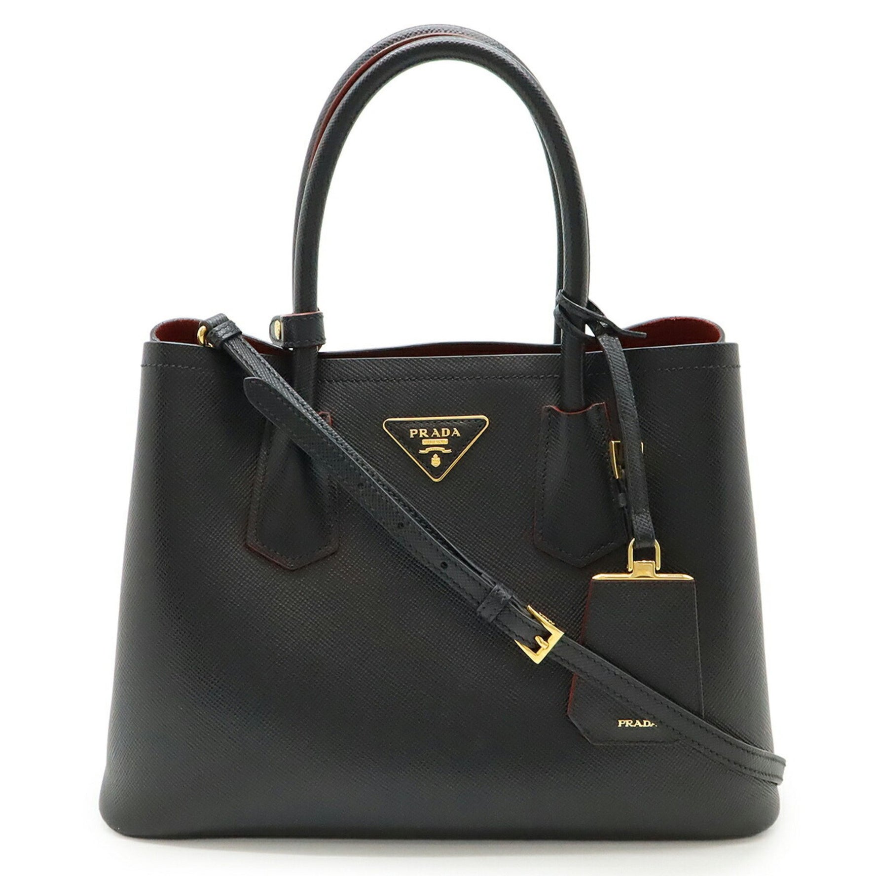 PRADA Double Handbag/Shoulder Bag, Two-Tone Embossed Leather, Nero Black, Purchased at an Overseas Duty-Free Shop