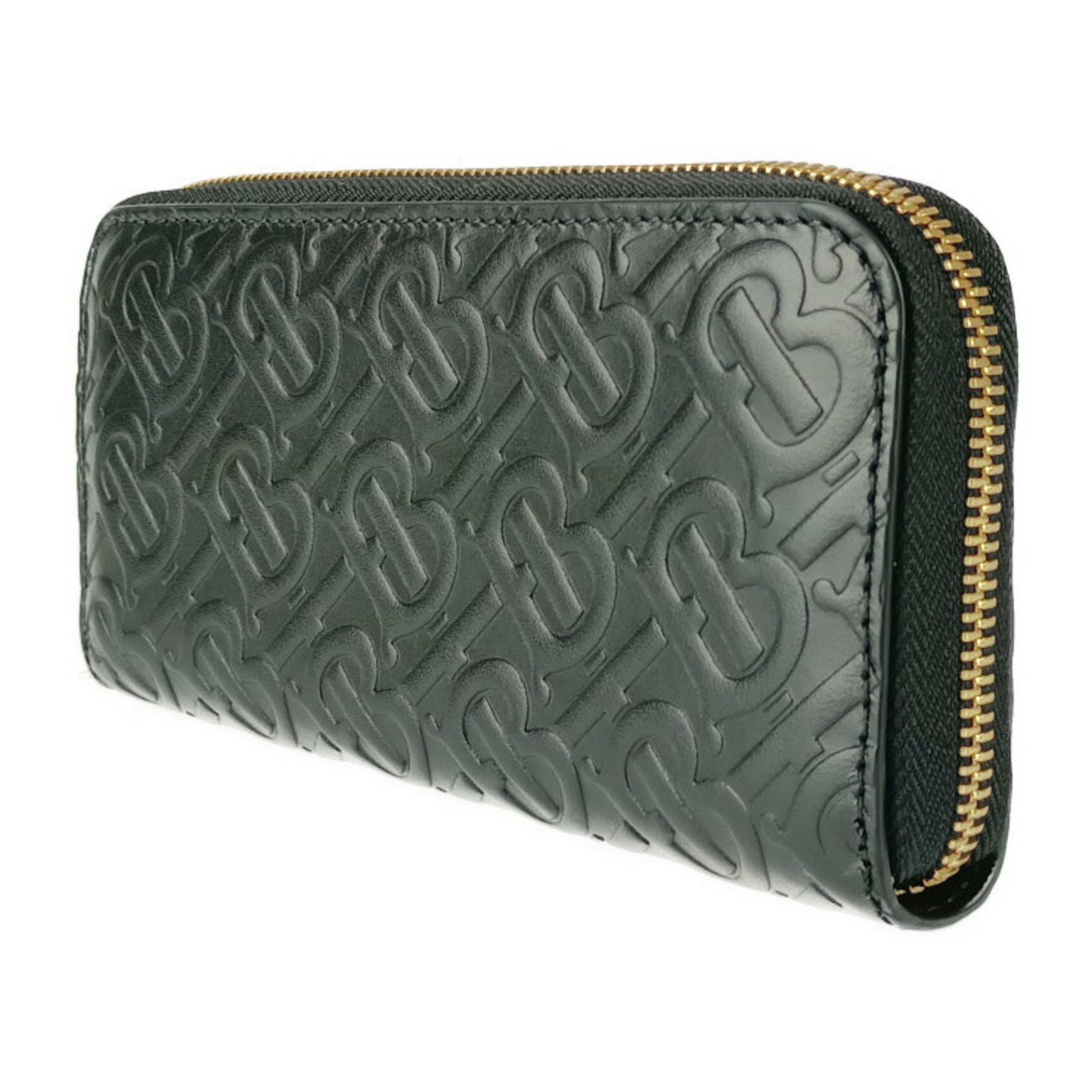 BURBERRY Burberry Long Wallet Zip TB Monogram Black Embossed Leather Women's Round