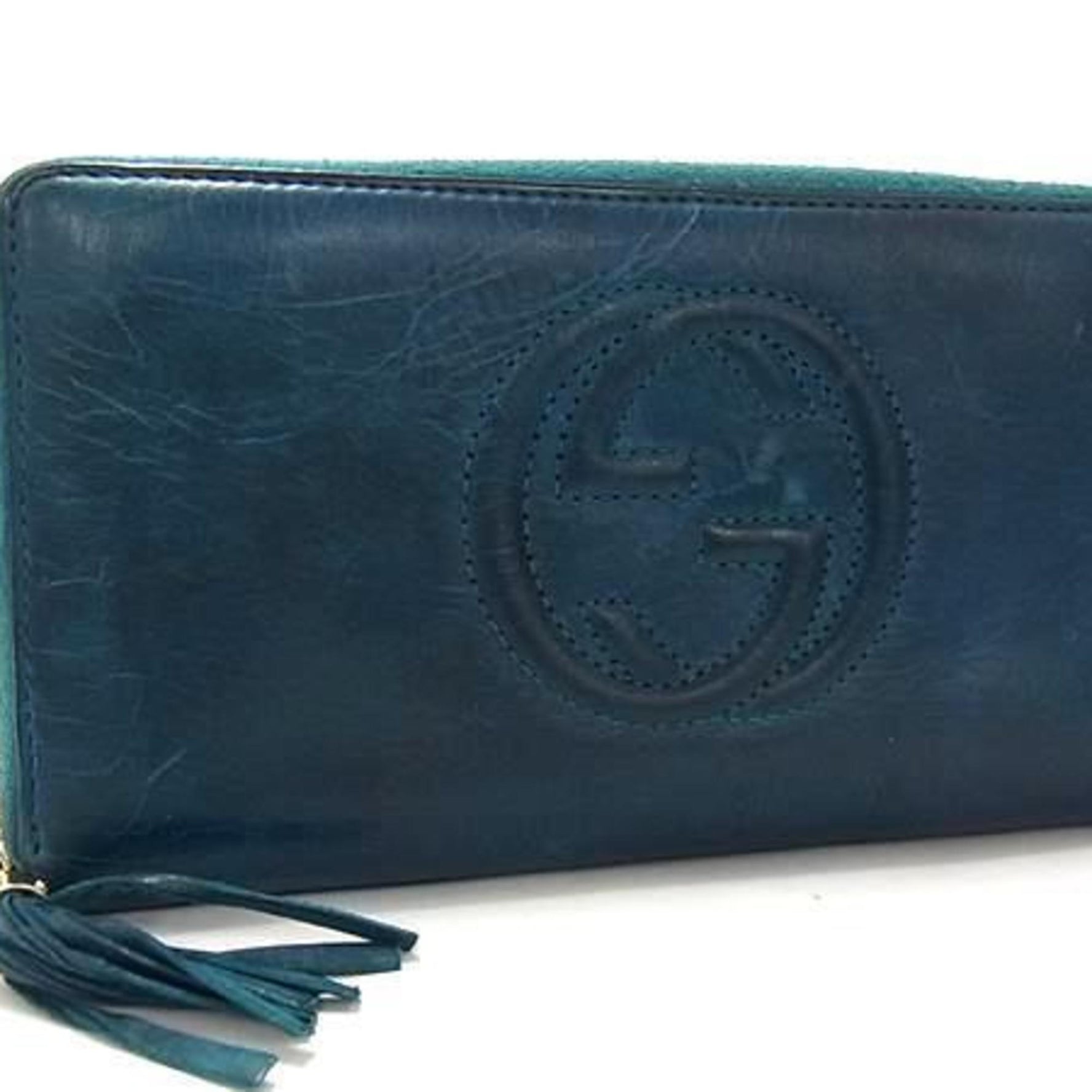 GUCCI Soho Interlocking G Long Wallet Blue-Green Leather Round