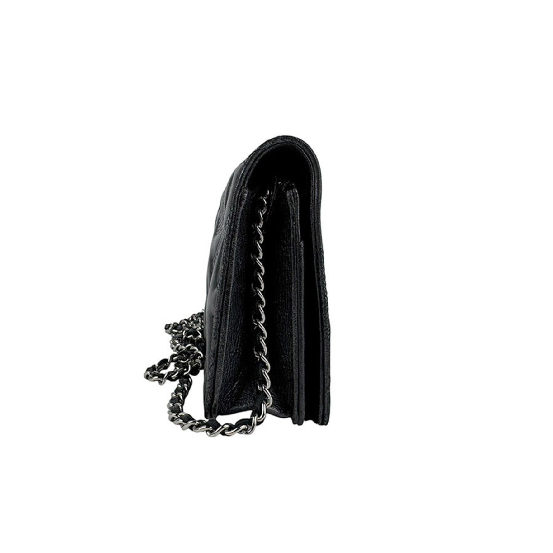CHANEL Shoulder Bag with Chain Wallet in Black and Silver Leather, Women's, Z6584