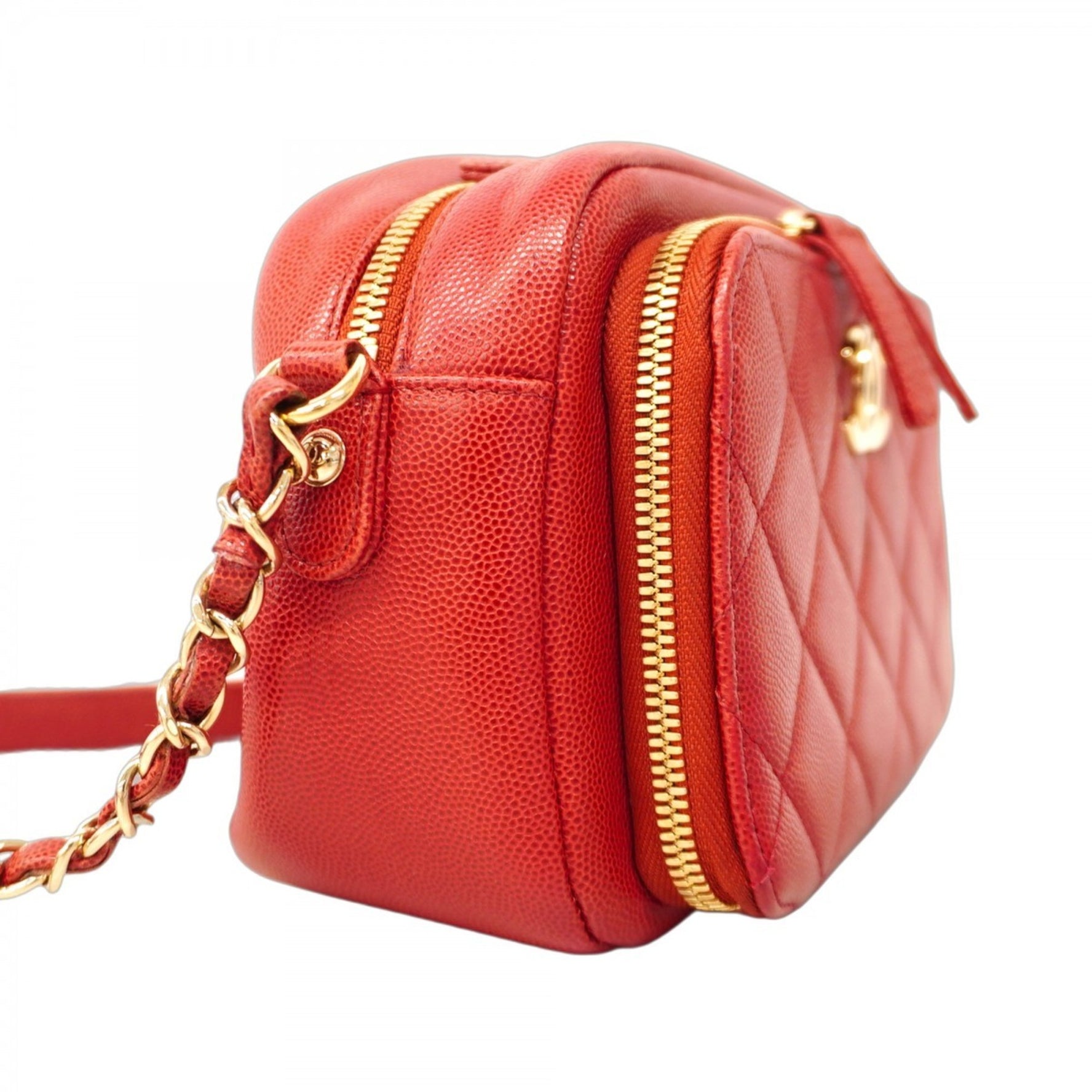 Chanel Matelasse Shoulder Bag with Chain Bag, Caviar Skin, Red, Women's
