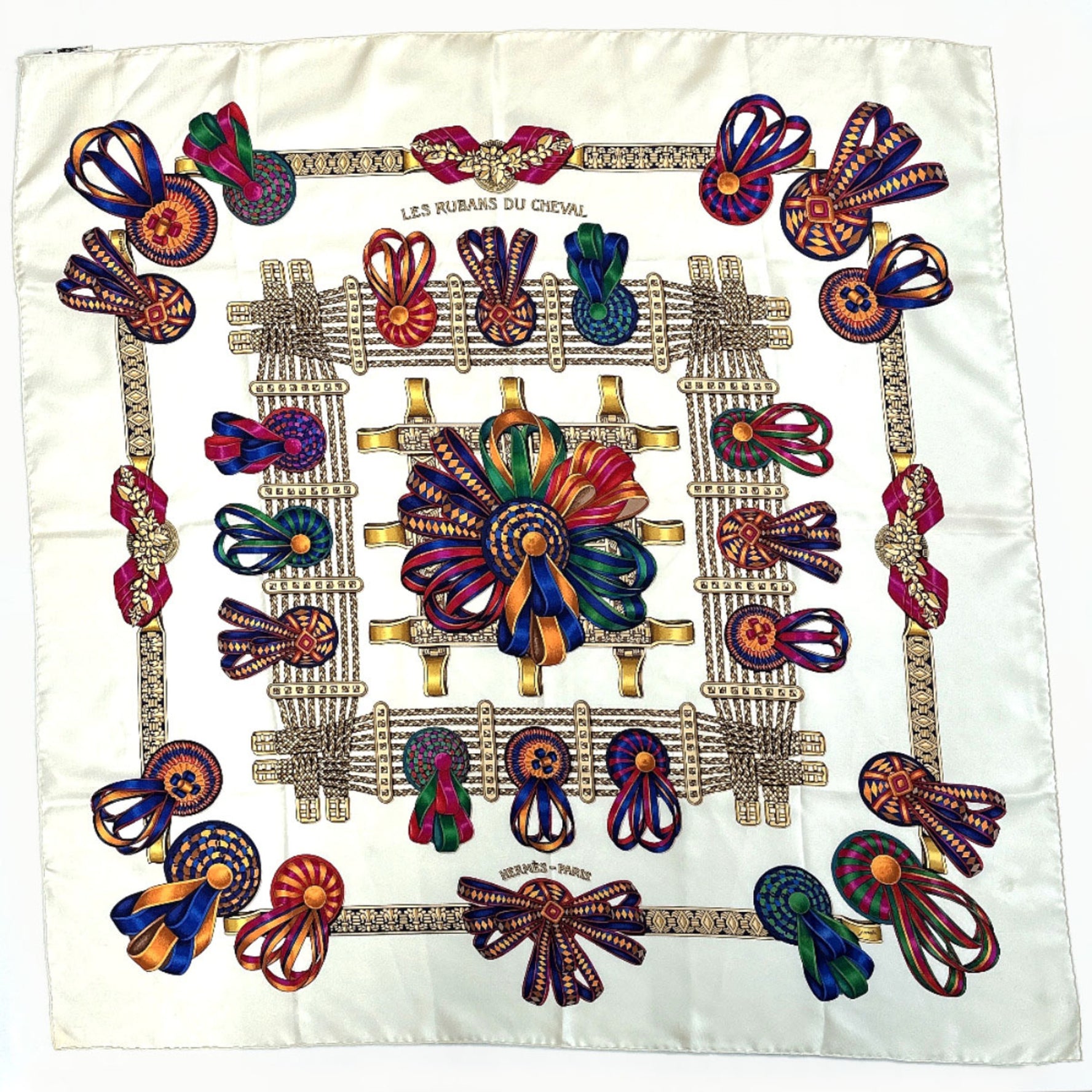 HERMES Carre 90 LES RUBANS DU CHEVAL Horse Ribbon Scarf Muffler Silk